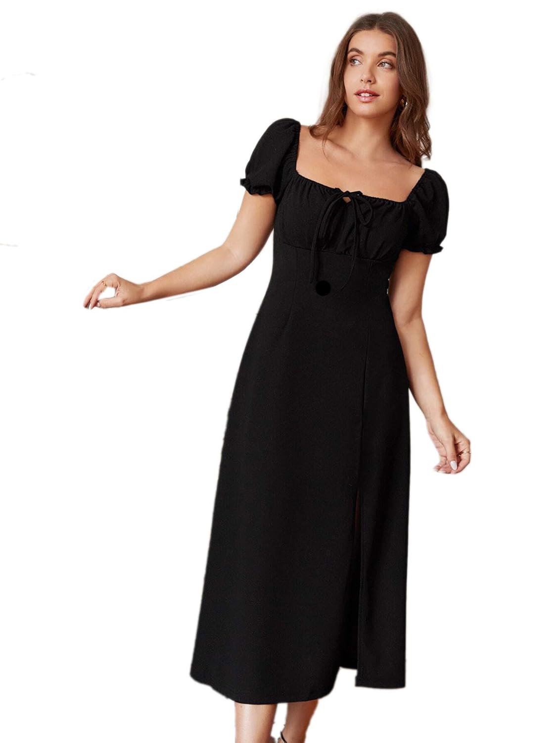 rosery paris Women's Knee Length A-line Ruched Neck Dress Birthday Dress Casual One Piece Flared Dress for Women (Charcoal Black) by Prixsa.com