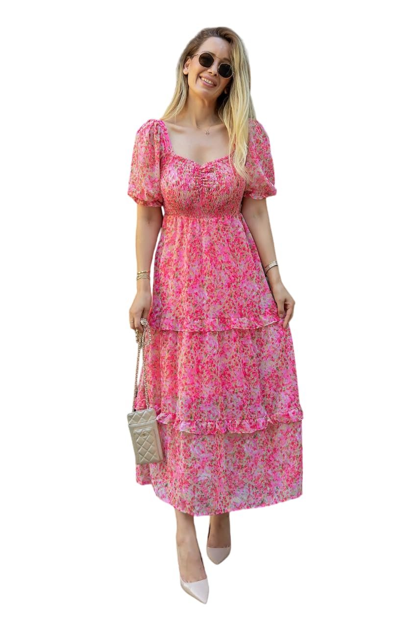 Sheetal Associates Women's Floral Puff Sleeve High Waist A Line Flowy Long Dress by Prixsa.com