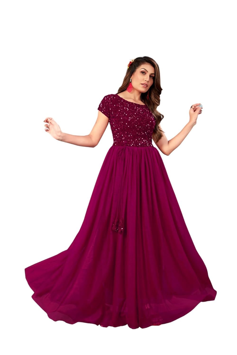 Rebika Trendz Elegant Women's Gown with Sequins Work | Velvet Bodice & Net Flare | Short Sleeve, Boat Neck | Perfect for Parties & Special Occasions by Prixsa.com