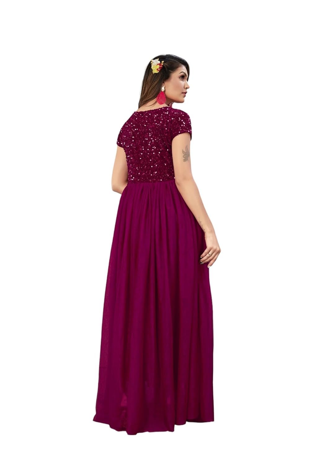 Rebika Trendz Elegant Women's Gown with Sequins Work | Velvet Bodice & Net Flare | Short Sleeve, Boat Neck | Perfect for Parties & Special Occasions by Prixsa.com - Image 2