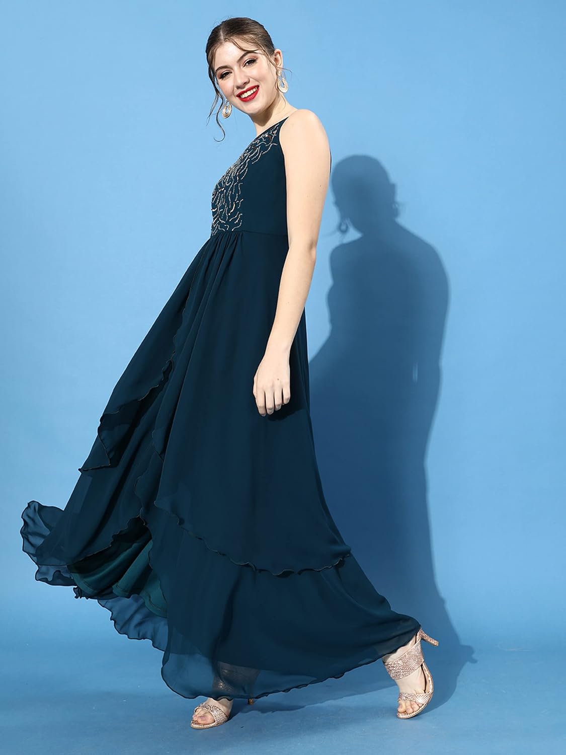 Miss Chase Women's Off White Round Neck Sleeveless Solid Embellished Maxi Dress by Prixsa.com - Image 3