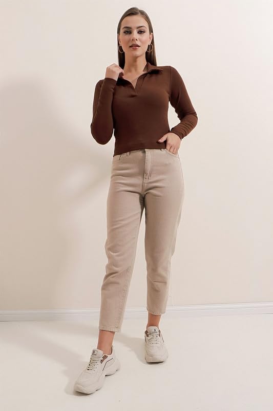 Dream Beauty Fashion Women's Collared Neck Long Sleeve Slim Fit Casual Tee Top, 23" inches (Apple-01-P) by Prixsa.com - Image 3