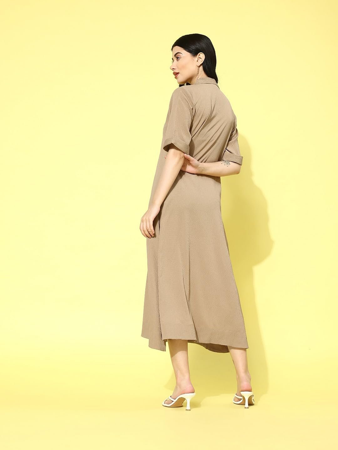Varanga Women Beige Shirt Collar A-Line Dress – Stylish Calf Length Short Sleeves Dress for Comfortable Everyday Wear, Women Kurtis Latest Fashion by Prixsa.com - Image 6