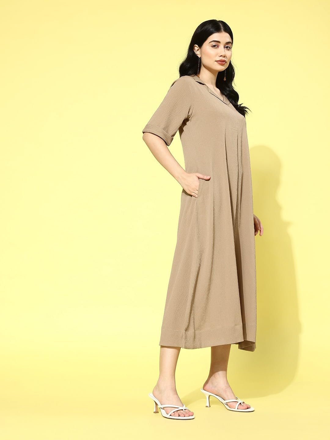 Varanga Women Beige Shirt Collar A-Line Dress – Stylish Calf Length Short Sleeves Dress for Comfortable Everyday Wear, Women Kurtis Latest Fashion by Prixsa.com - Image 3