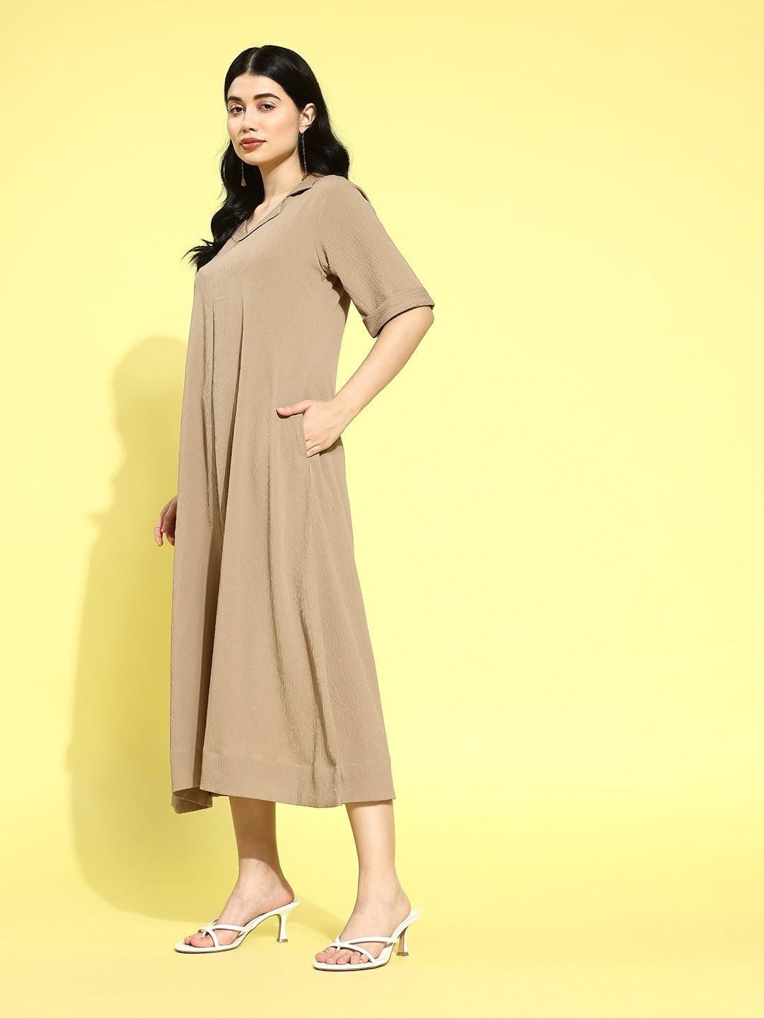 Varanga Women Beige Shirt Collar A-Line Dress – Stylish Calf Length Short Sleeves Dress for Comfortable Everyday Wear, Women Kurtis Latest Fashion by Prixsa.com - Image 5