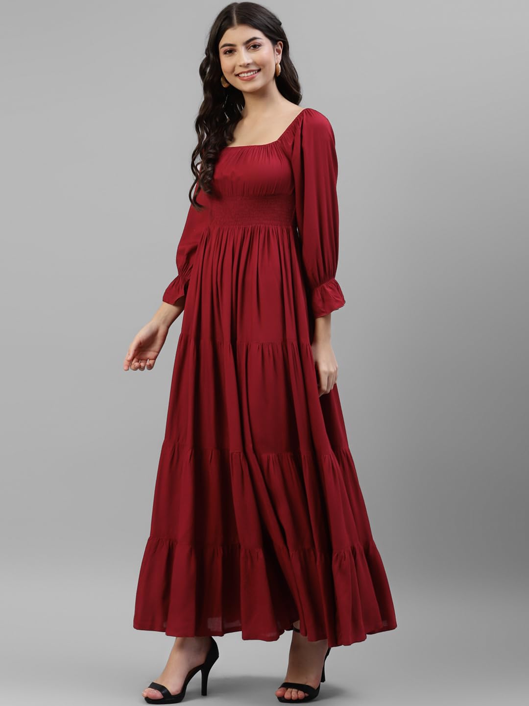 DEEBACO Women's Solid Rayon Smocking TieMaroon Dress for Women|Square Neck Full Sleeves Fit & Flare Ankle Length Maxi Casual Western Dress for Ladies Party Casual Wear Outfits (Maroon) by Prixsa.com - Image 2