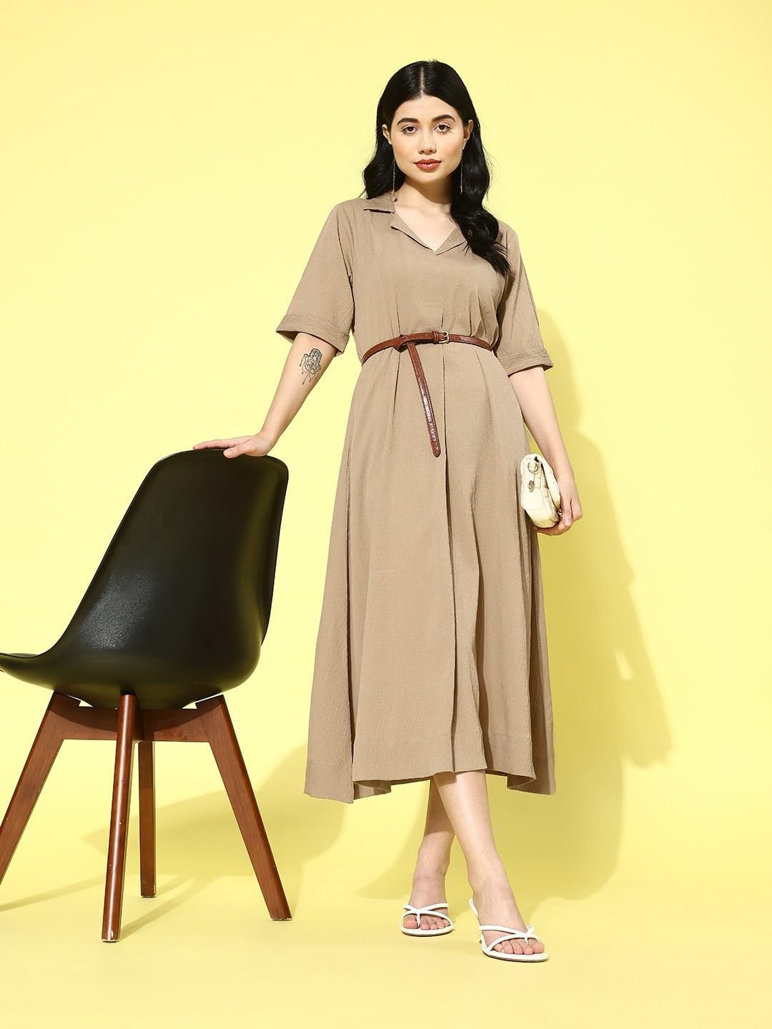 Varanga Women Beige Shirt Collar A-Line Dress – Stylish Calf Length Short Sleeves Dress for Comfortable Everyday Wear, Women Kurtis Latest Fashion by Prixsa.com - Image 2