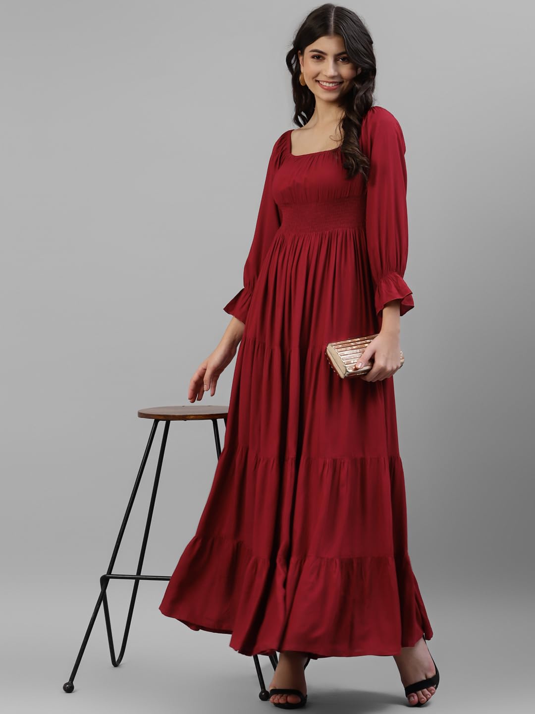 DEEBACO Women's Solid Rayon Smocking TieMaroon Dress for Women|Square Neck Full Sleeves Fit & Flare Ankle Length Maxi Casual Western Dress for Ladies Party Casual Wear Outfits (Maroon) by Prixsa.com - Image 5