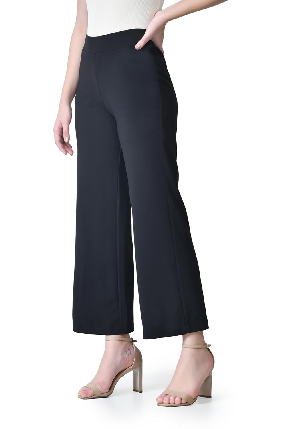 Women's High Waist Straight Fit Trousers | Solid Korean Stretchable Pants for Women | Regular Fit Elastic Waist Full Length Formal Trouser for Casual & Office Wear by Prixsa.com