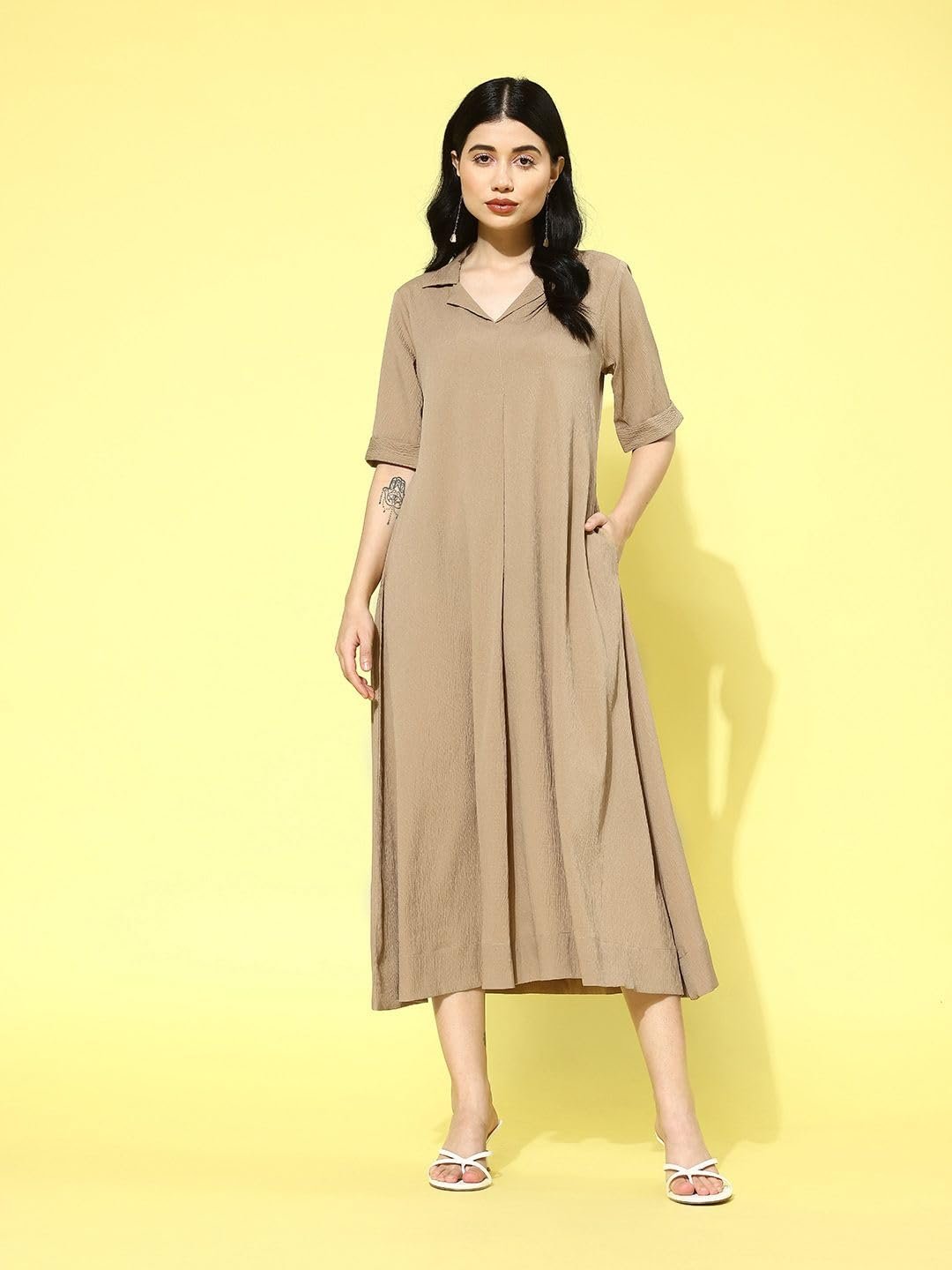 Varanga Women Beige Shirt Collar A-Line Dress – Stylish Calf Length Short Sleeves Dress for Comfortable Everyday Wear, Women Kurtis Latest Fashion by Prixsa.com - Image 7