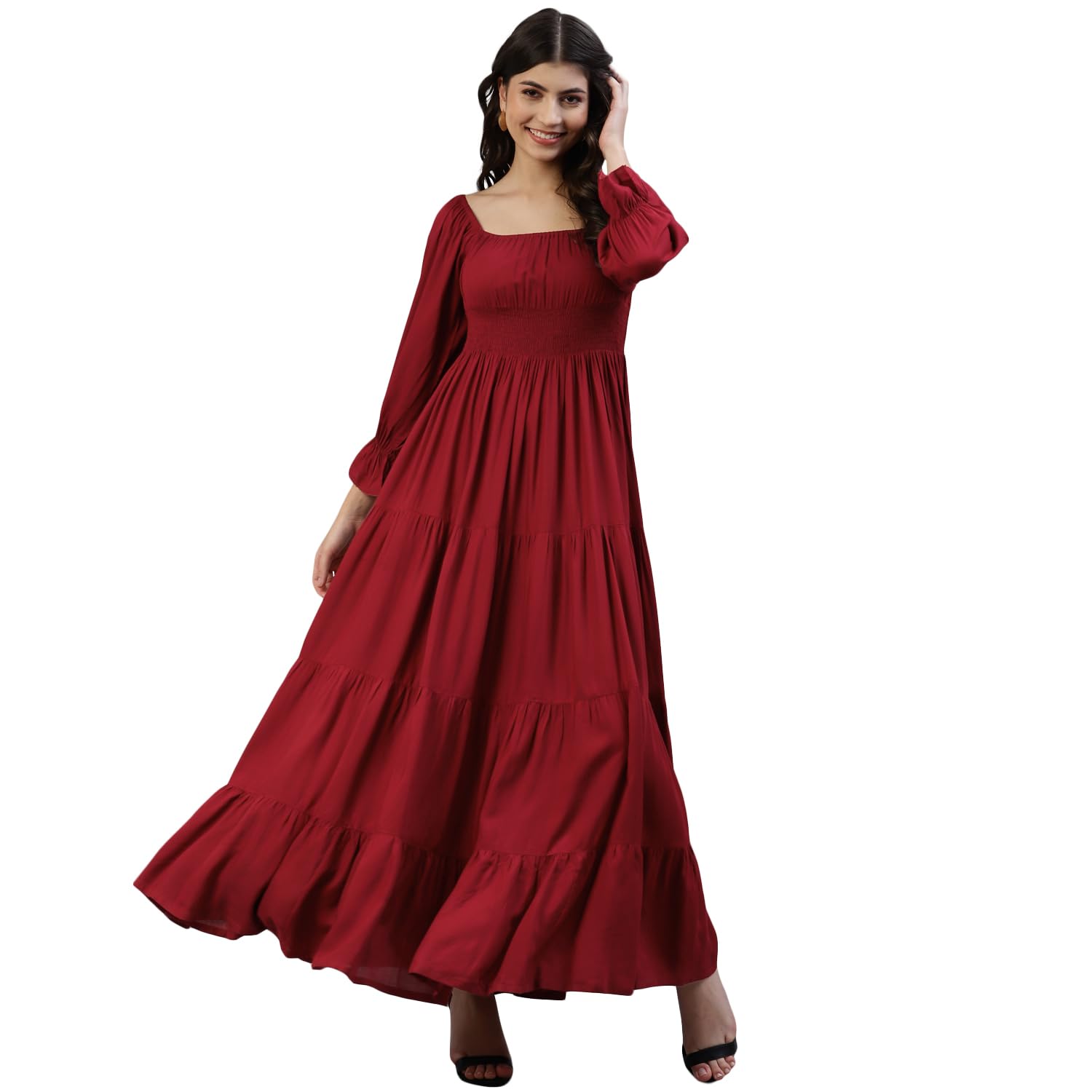 DEEBACO Women's Solid Rayon Smocking TieMaroon Dress for Women|Square Neck Full Sleeves Fit & Flare Ankle Length Maxi Casual Western Dress for Ladies Party Casual Wear Outfits (Maroon) by Prixsa.com