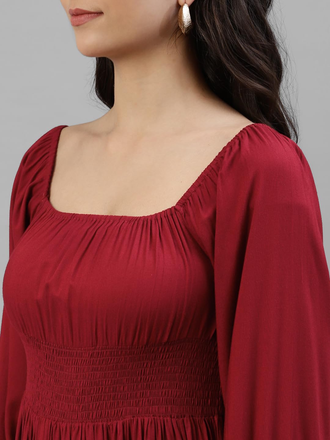 DEEBACO Women's Solid Rayon Smocking TieMaroon Dress for Women|Square Neck Full Sleeves Fit & Flare Ankle Length Maxi Casual Western Dress for Ladies Party Casual Wear Outfits (Maroon) by Prixsa.com - Image 6