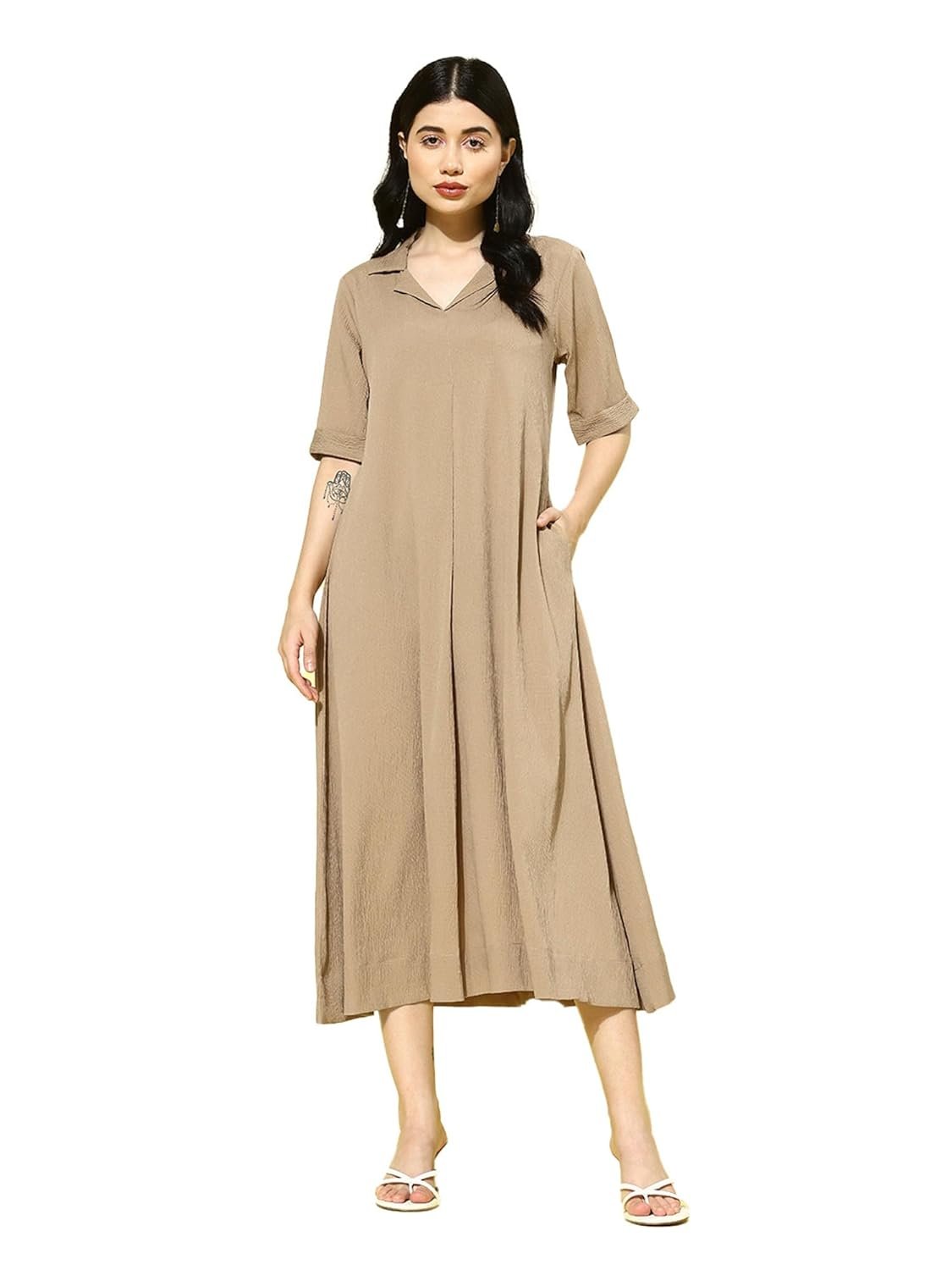 Varanga Women Beige Shirt Collar A-Line Dress – Stylish Calf Length Short Sleeves Dress for Comfortable Everyday Wear, Women Kurtis Latest Fashion by Prixsa.com