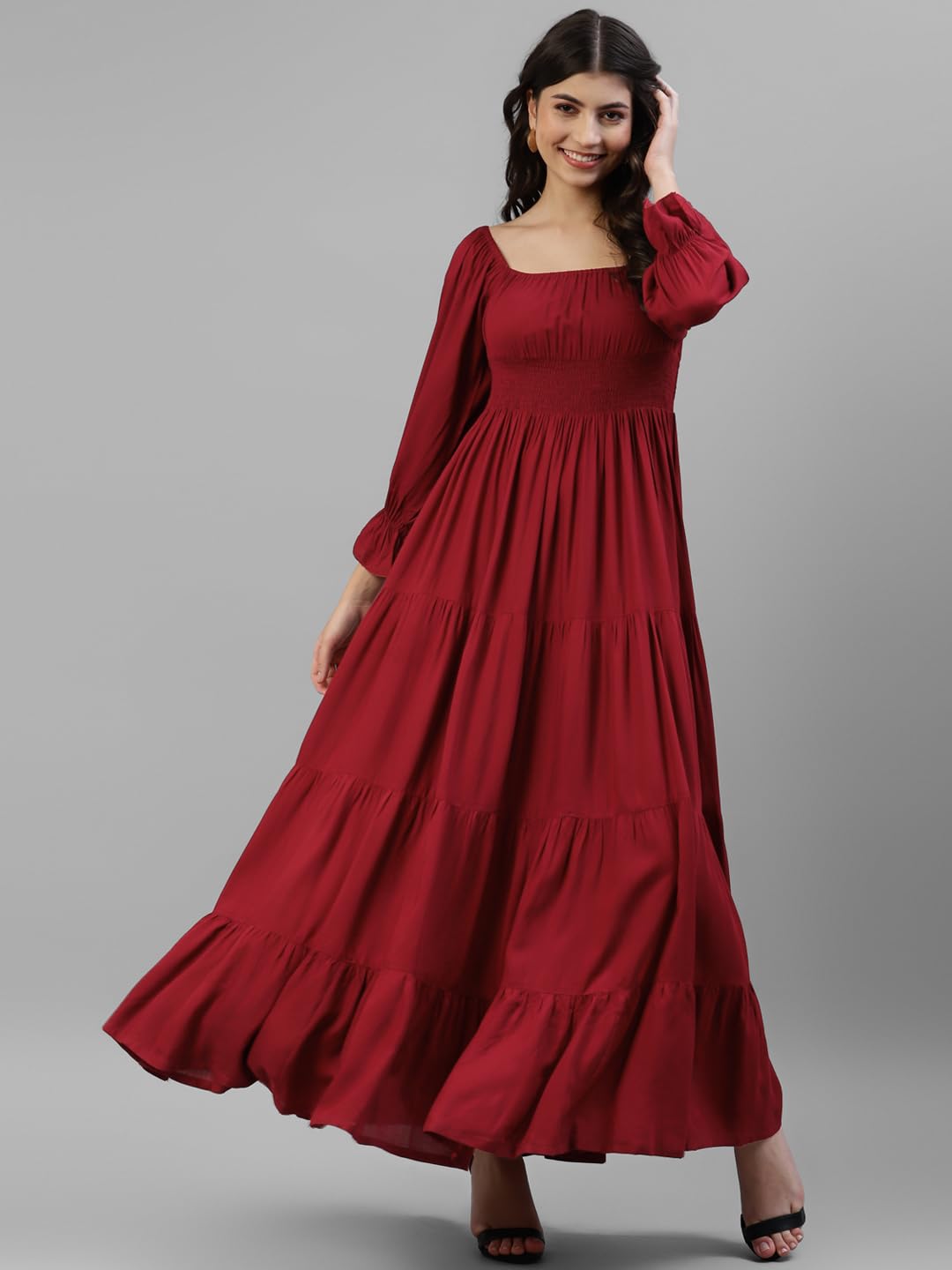 DEEBACO Women's Solid Rayon Smocking TieMaroon Dress for Women|Square Neck Full Sleeves Fit & Flare Ankle Length Maxi Casual Western Dress for Ladies Party Casual Wear Outfits (Maroon) by Prixsa.com - Image 9