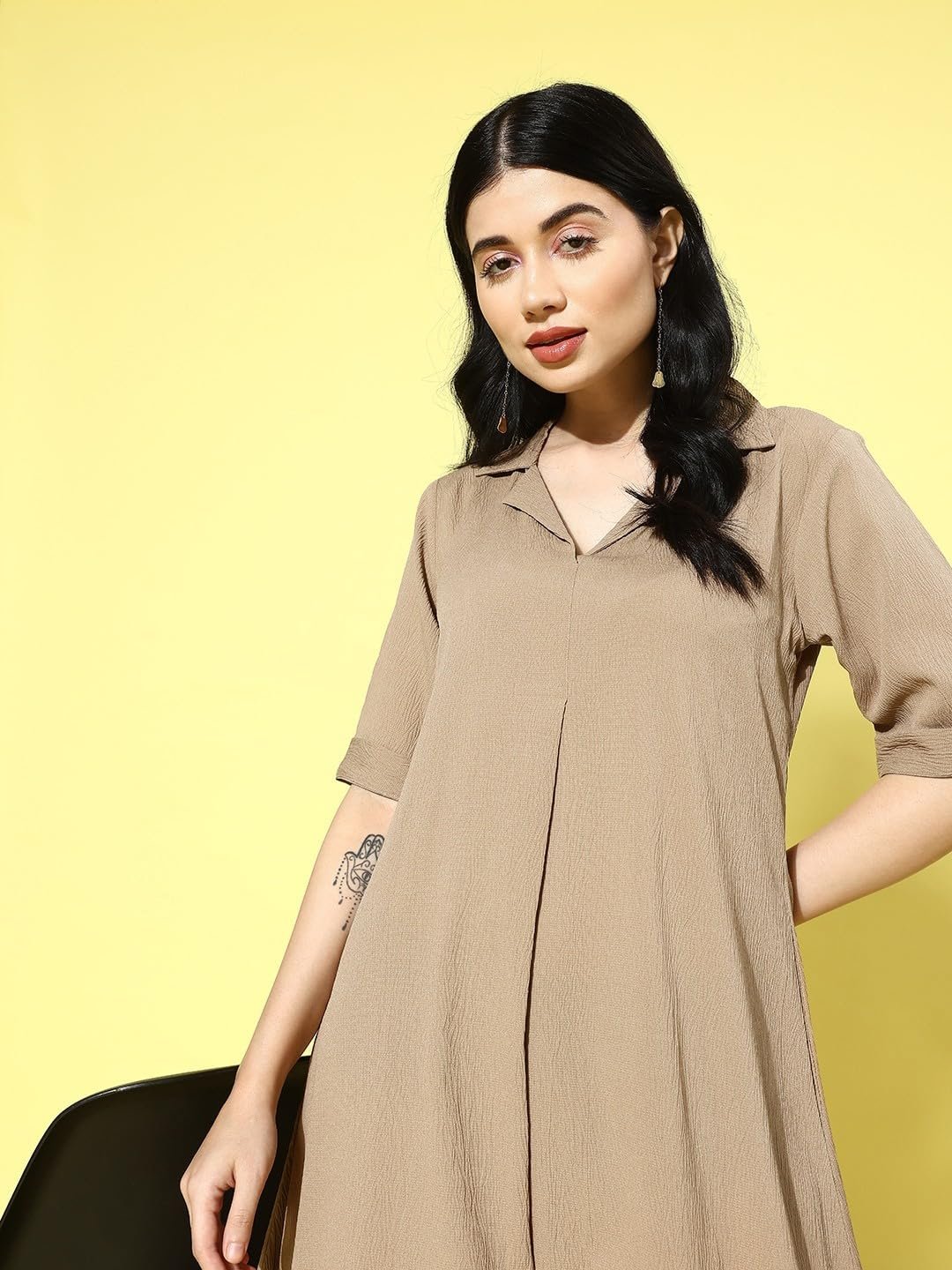 Varanga Women Beige Shirt Collar A-Line Dress – Stylish Calf Length Short Sleeves Dress for Comfortable Everyday Wear, Women Kurtis Latest Fashion by Prixsa.com - Image 4