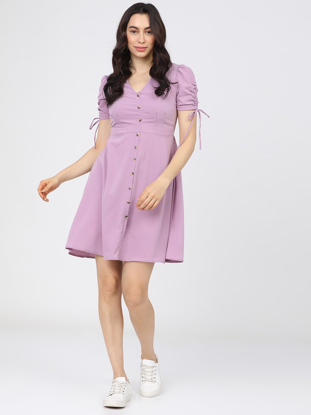 Tokyo Talkies Women's Playful Mini A-Line Dress with Button-Front & Drawstring Sleeves by Prixsa.com - Image 6