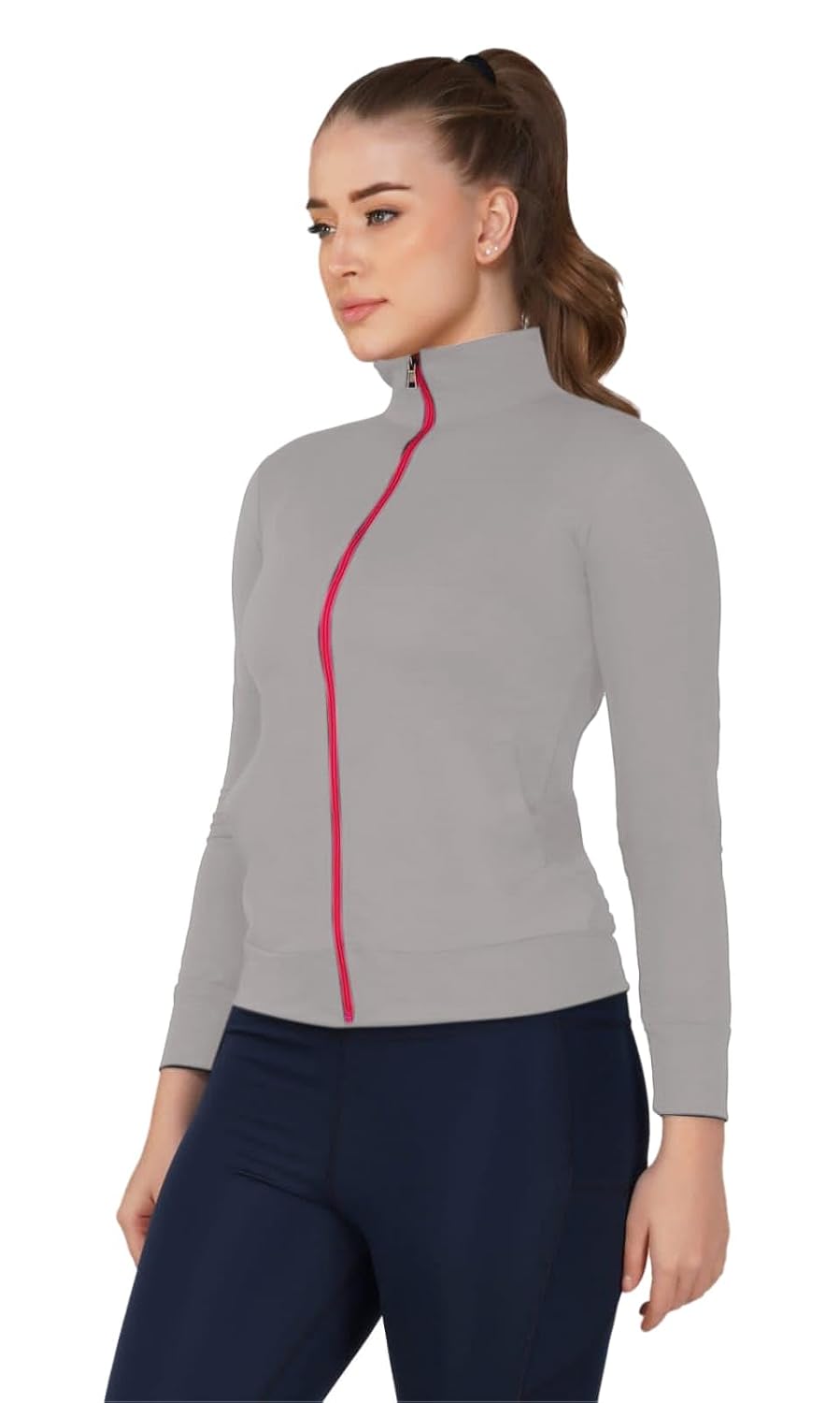 PALOMI Women Full Sleeves Gymwear Sports Polyester Maindrain Collar Jacket with Pink Zipper and Pockets by Prixsa.com - Image 3