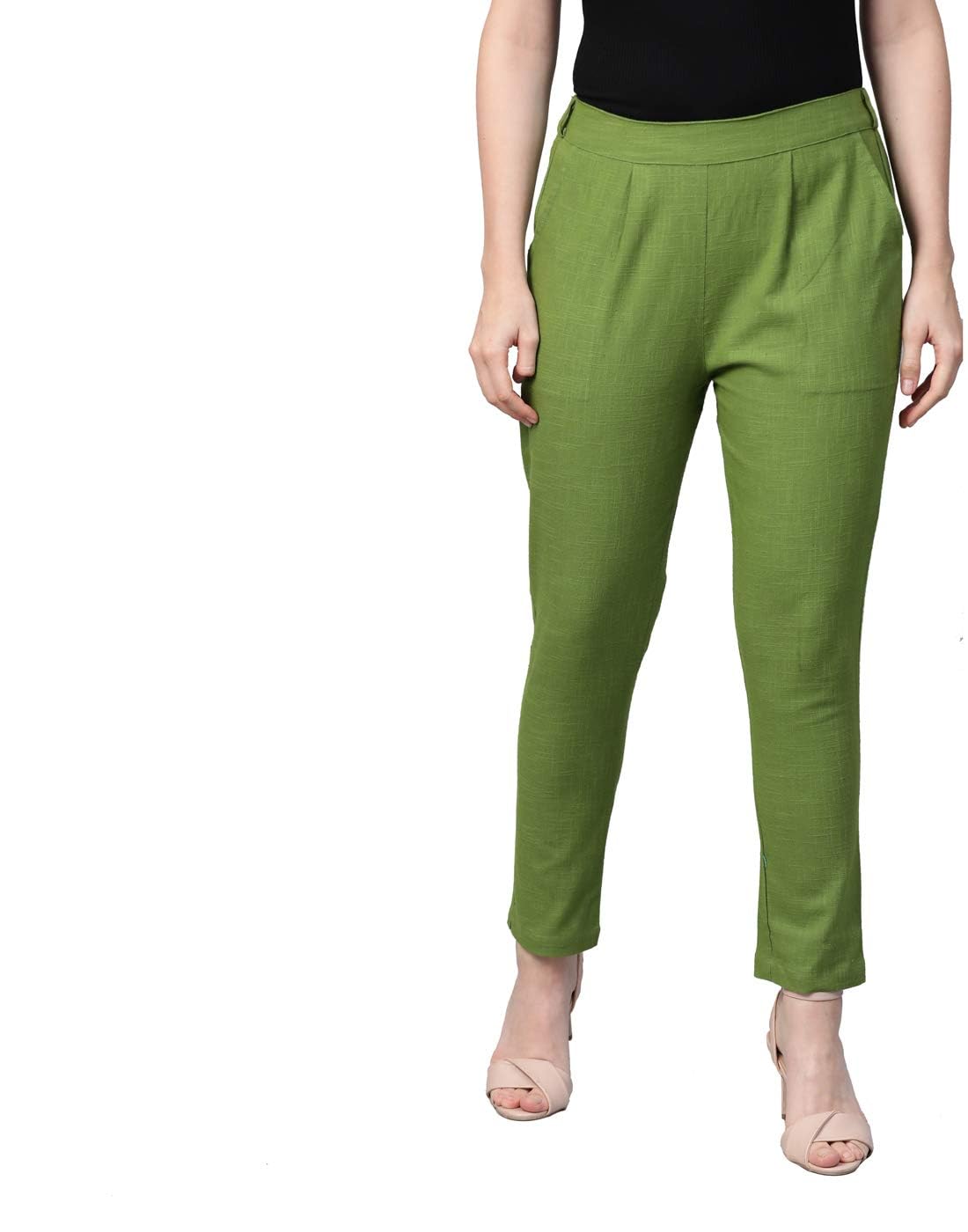 Yash Gallery Women's Solid Cotton Slub Ankle Length Regular Trouser Pant by Prixsa.com