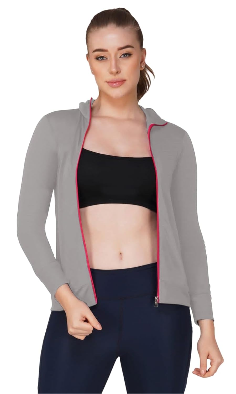 PALOMI Women Full Sleeves Gymwear Sports Polyester Maindrain Collar Jacket with Pink Zipper and Pockets by Prixsa.com