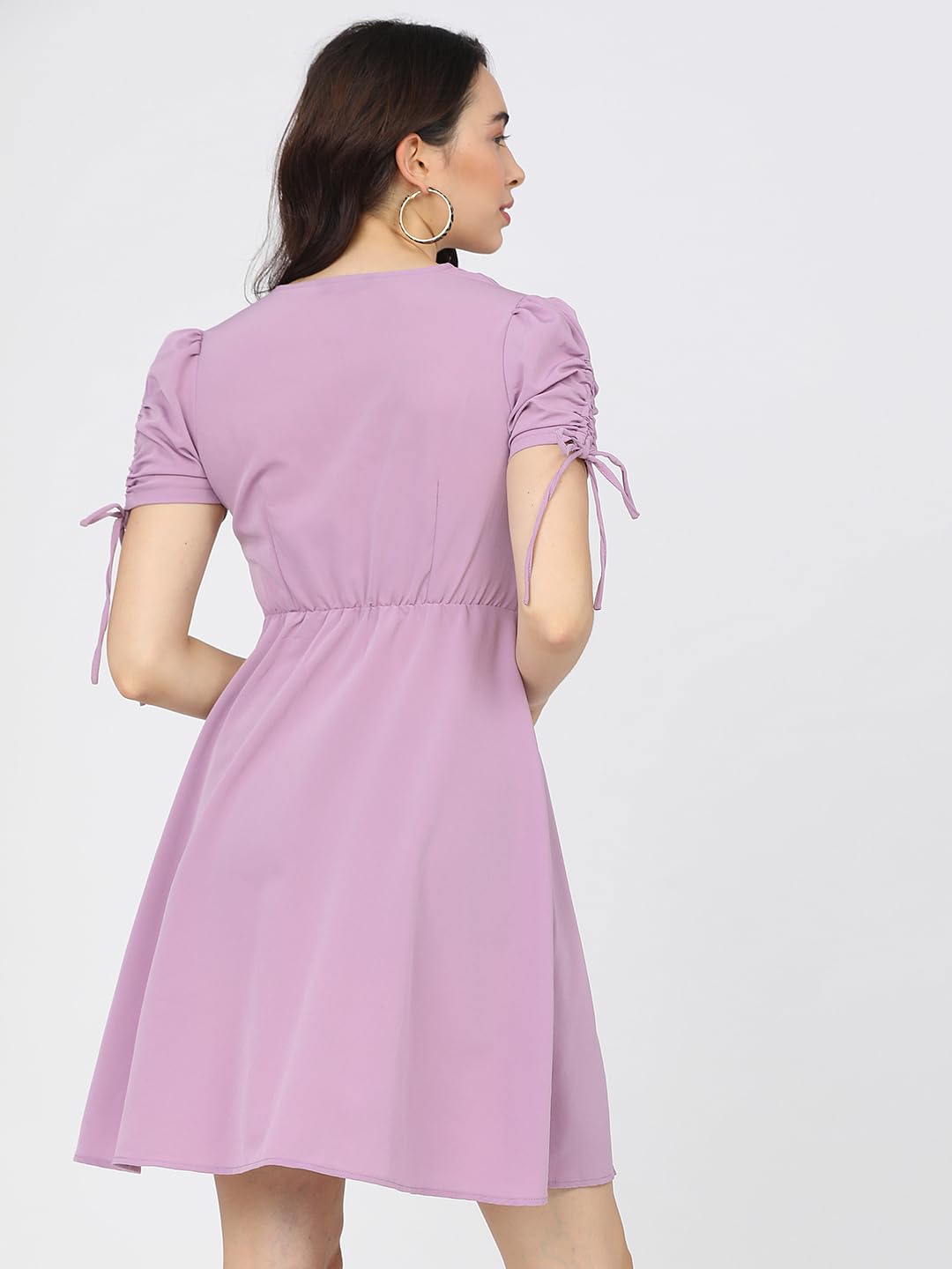 Tokyo Talkies Women's Playful Mini A-Line Dress with Button-Front & Drawstring Sleeves by Prixsa.com - Image 3
