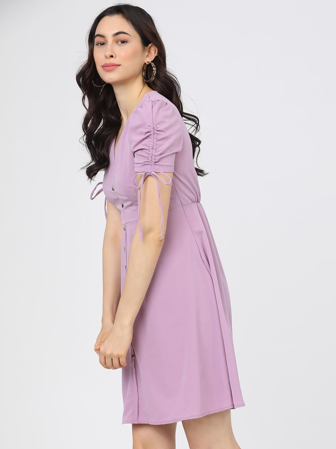 Tokyo Talkies Women's Playful Mini A-Line Dress with Button-Front & Drawstring Sleeves by Prixsa.com - Image 2