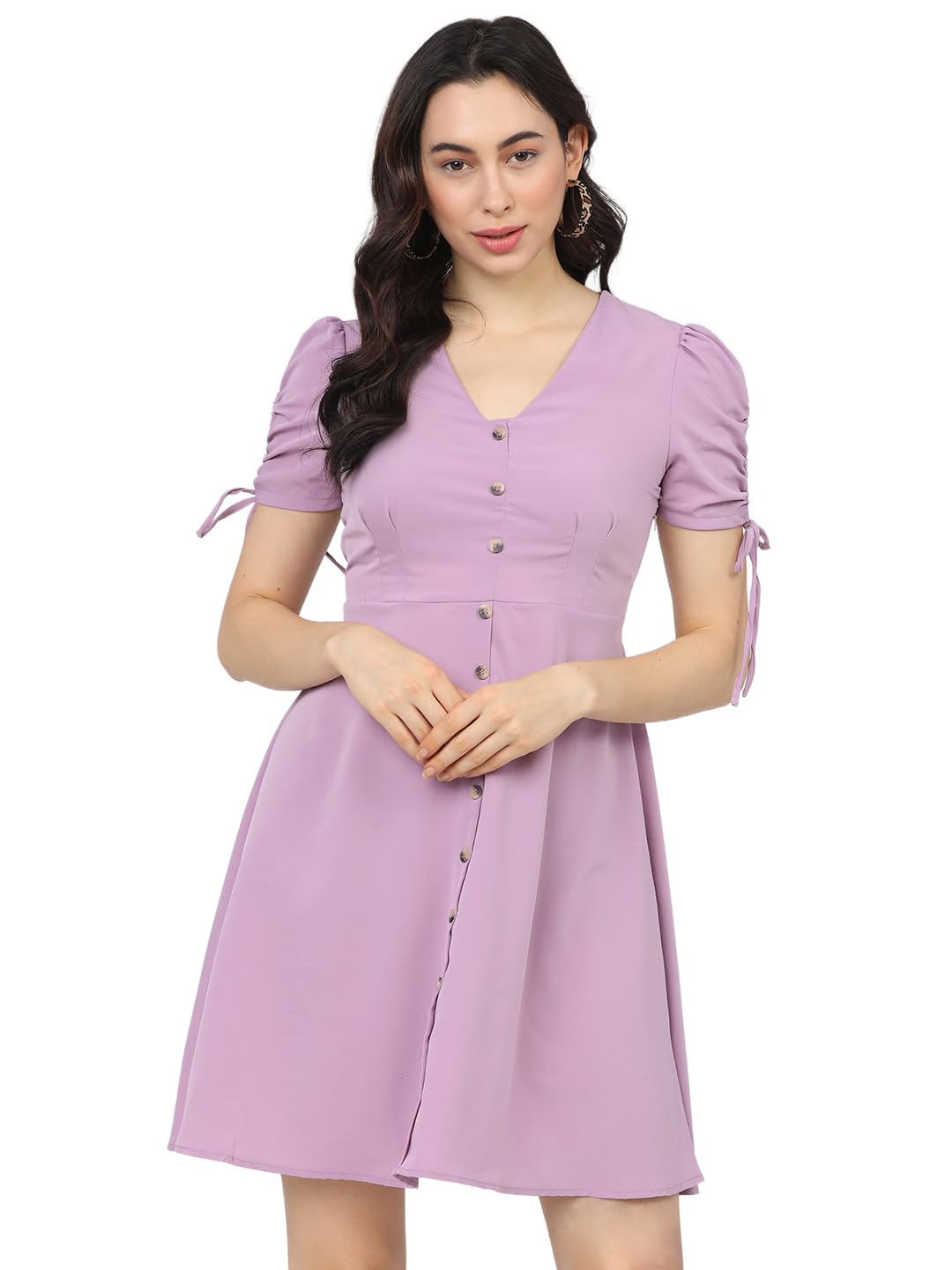 Tokyo Talkies Women's Playful Mini A-Line Dress with Button-Front & Drawstring Sleeves by Prixsa.com
