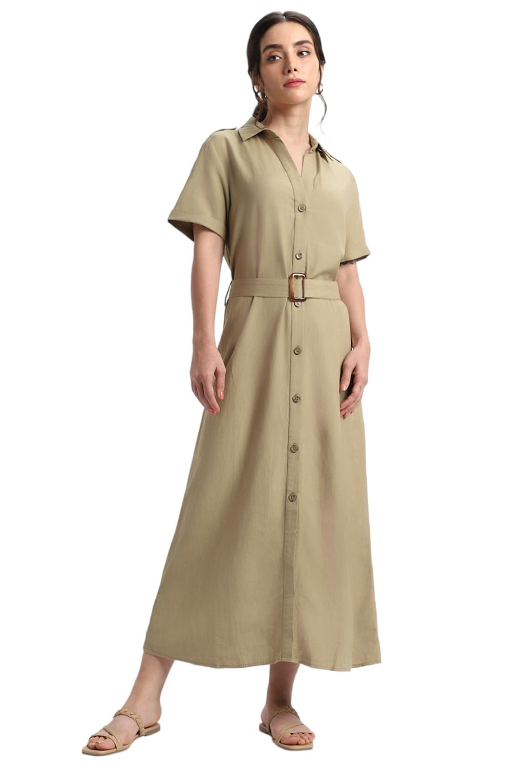 DL Woman Women's Midi A-Line Shirt Dress with Belt, A-Line Fit Solid by Prixsa.com