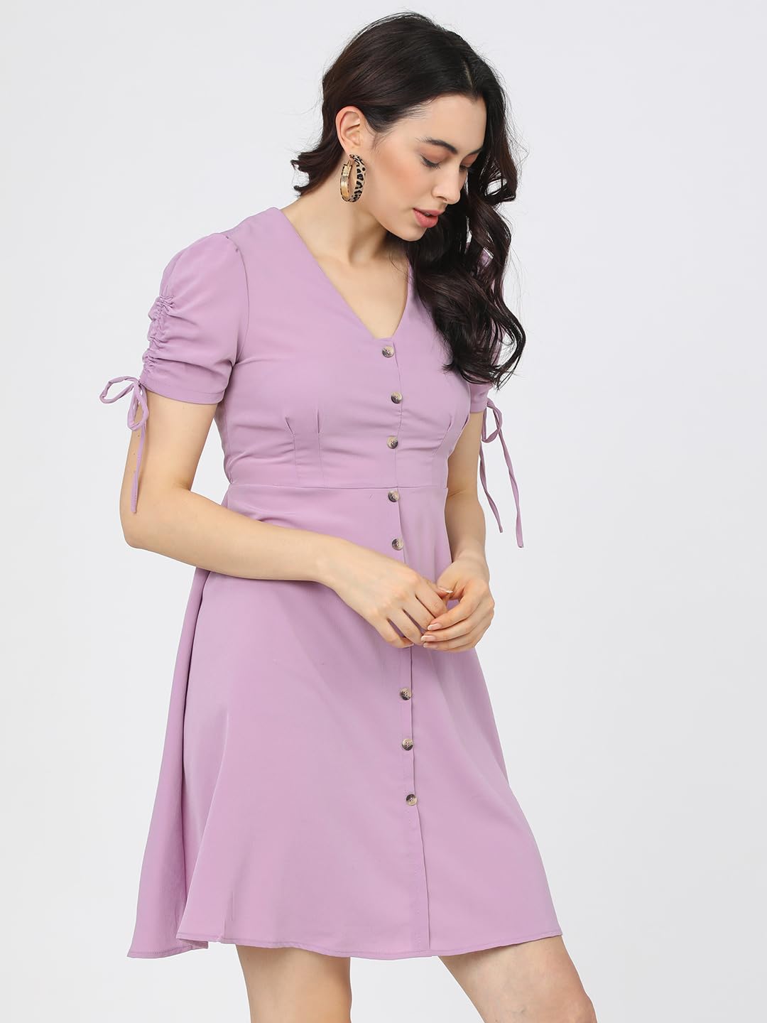 Tokyo Talkies Women's Playful Mini A-Line Dress with Button-Front & Drawstring Sleeves by Prixsa.com - Image 4