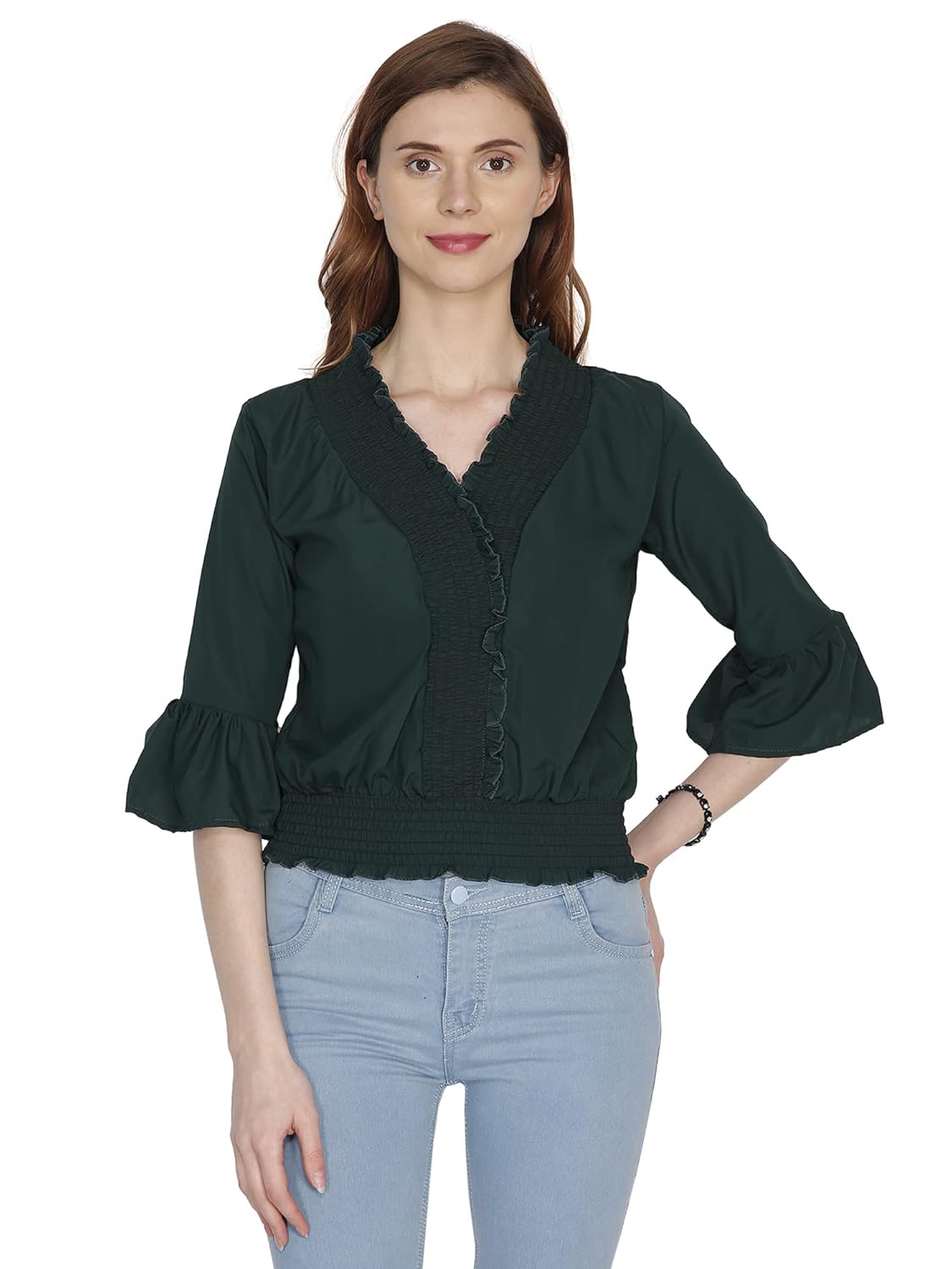 Qeboo Women's Casual Solid Georgette Elastic Crop Top with Bell Sleeve for Women/Girls (WTOP-D1-$) by Prixsa.com