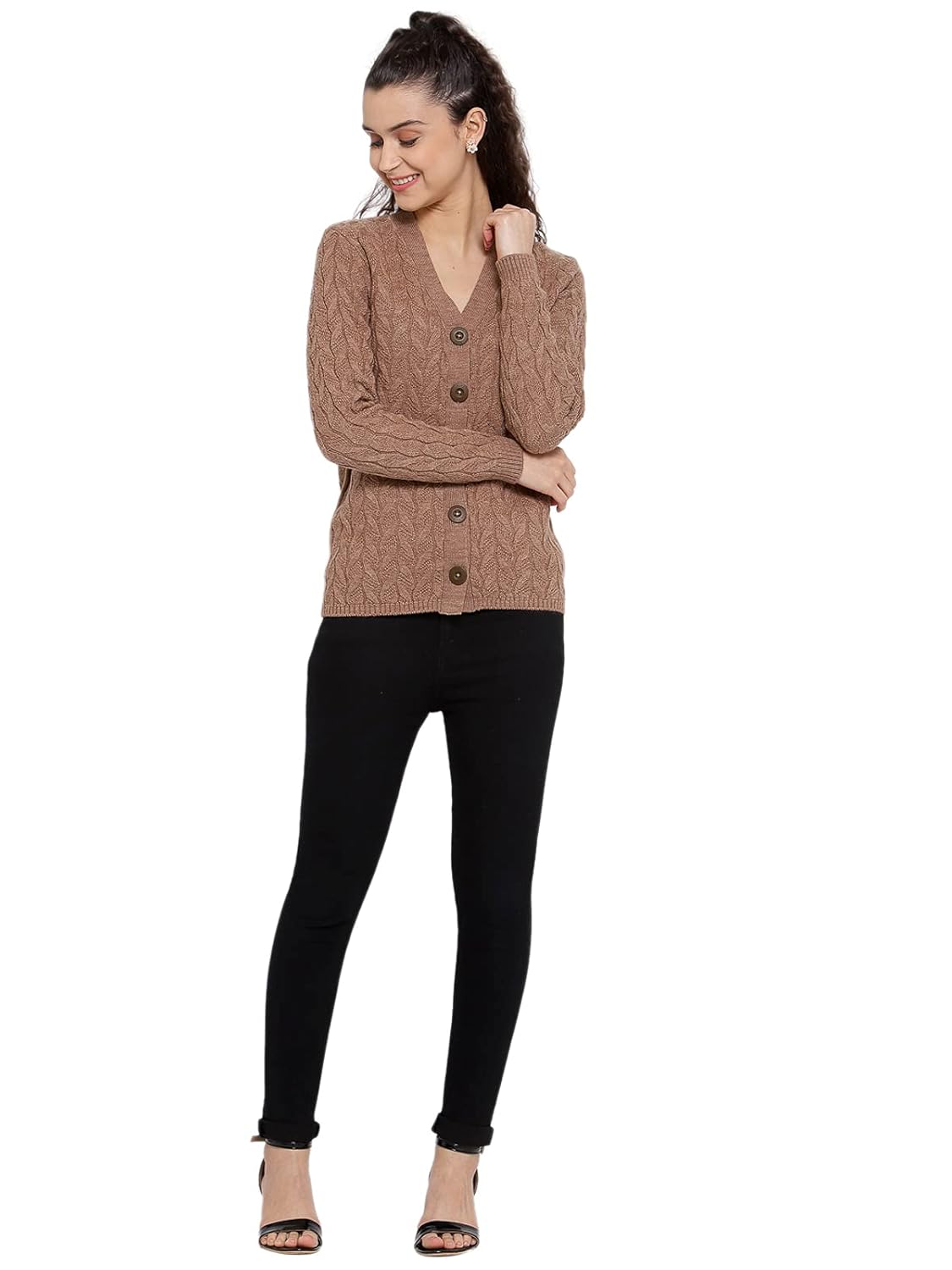 Kalt Women Full Sleeves Cable Button Acrylic V-Neck Sweater by Prixsa.com - Image 5