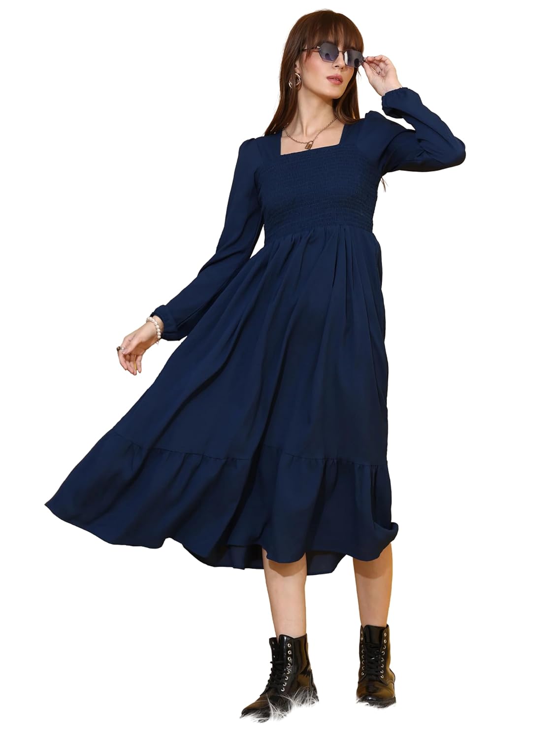 Sheetal Associates Women's Casual Full Sleeve Crepe Fit & Flare Dress | Comfortable Relaxed Fit Summer Party Dress by Prixsa.com