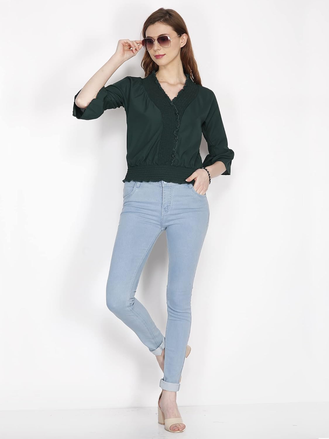 Qeboo Women's Casual Solid Georgette Elastic Crop Top with Bell Sleeve for Women/Girls (WTOP-D1-$) by Prixsa.com - Image 2