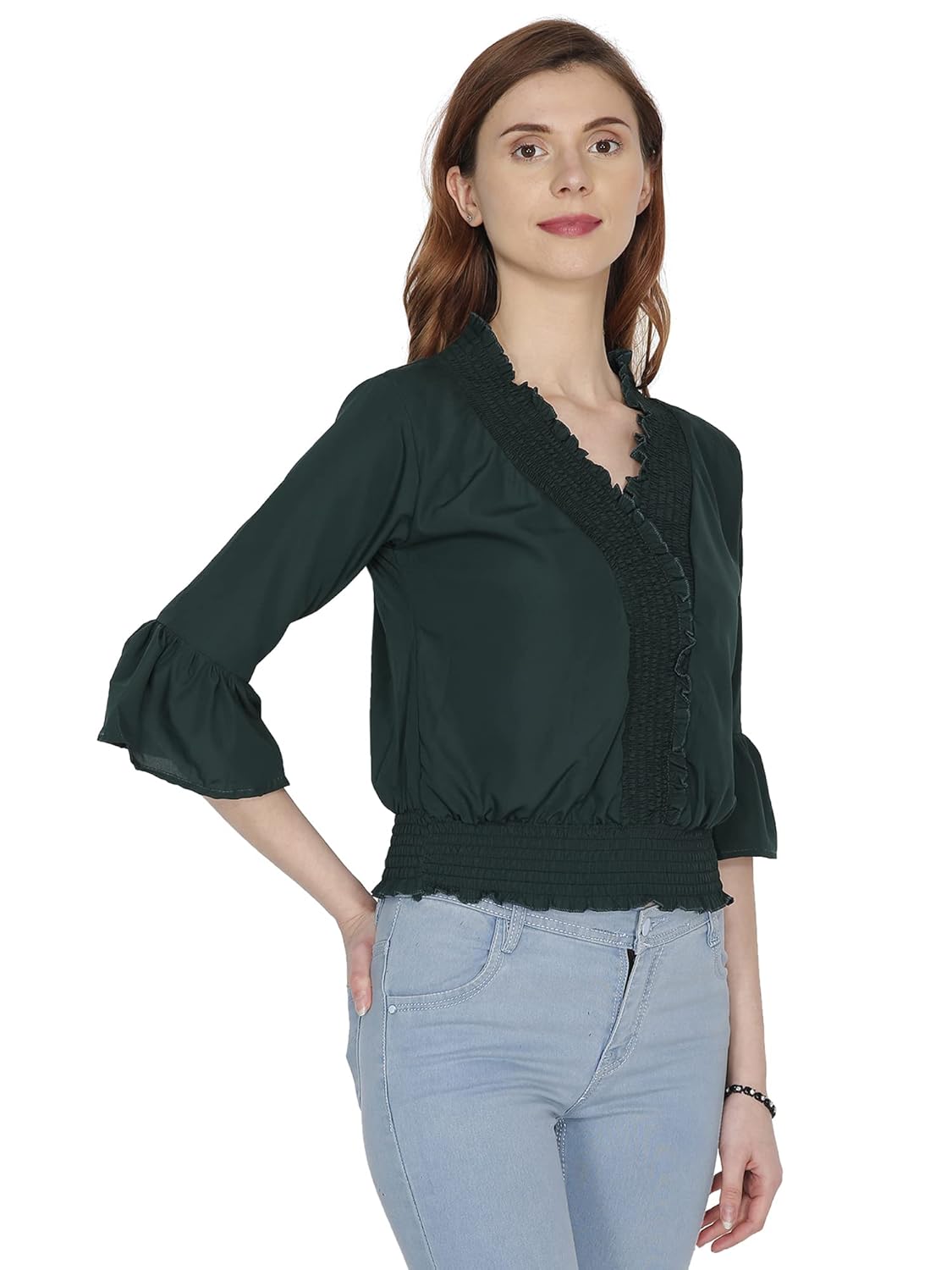 Qeboo Women's Casual Solid Georgette Elastic Crop Top with Bell Sleeve for Women/Girls (WTOP-D1-$) by Prixsa.com - Image 5