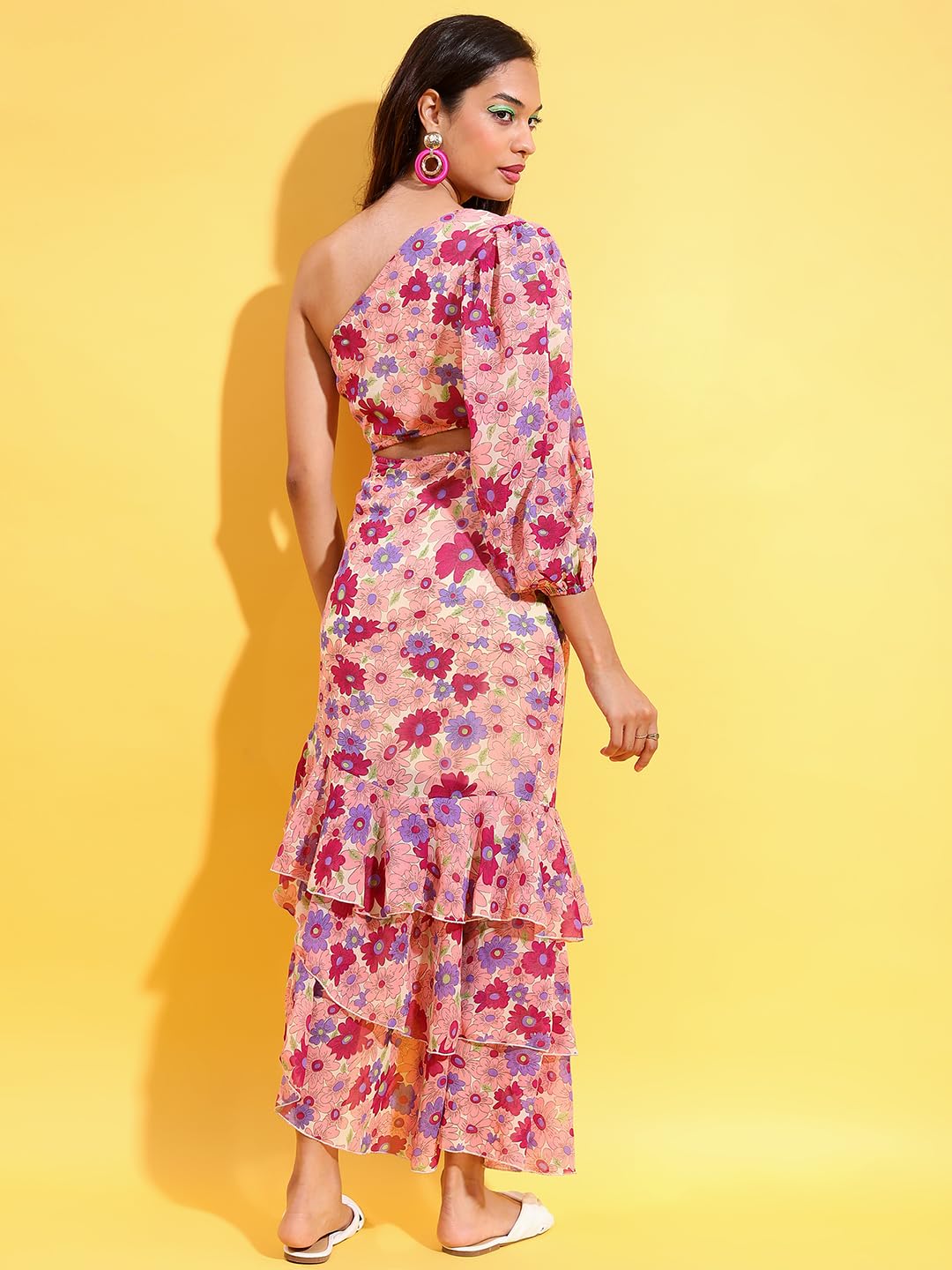 Tokyo Talkies Womens Elegant One-Shoulder Floral Maxi Dress | Long Sleeve, Front Cut-Out & Ruffle Hem for A Graceful Look| Stylish by Prixsa.com - Image 3