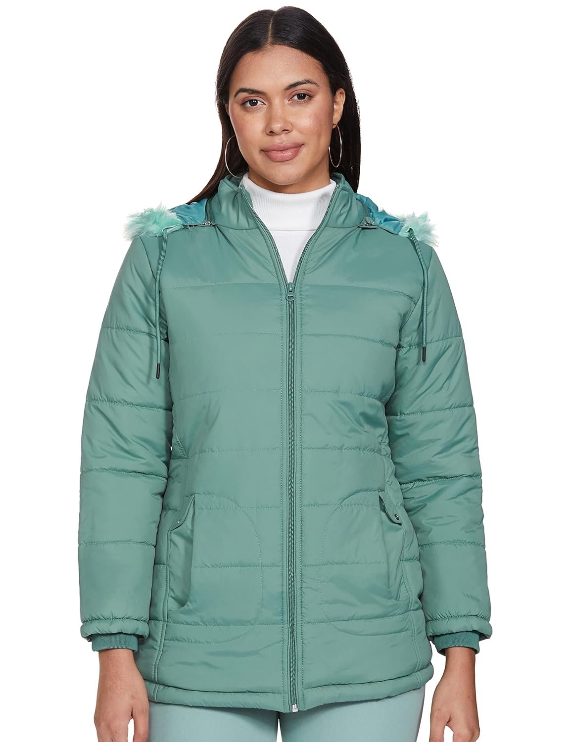 Qube By Fort Collins Women's Long-Length- Nylon Bomber Jacket with Detachable Hood Stylish Winterwear for All-Day Comfort by Prixsa.com