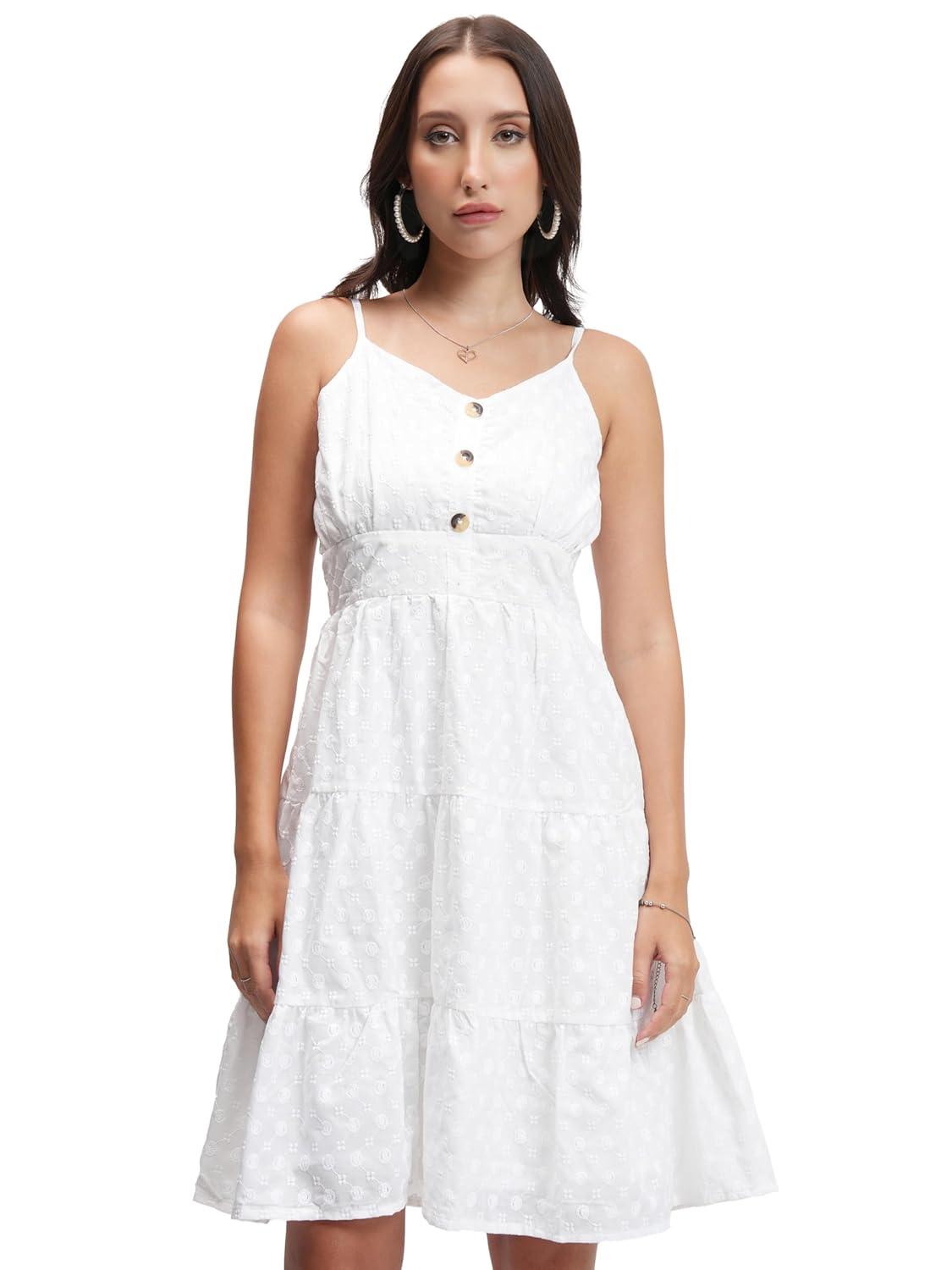 Tokyo Talkies Womens Classic White Solid Flared Short Dress | Shoulder Straps & Front Button Detailing| Stylish by Prixsa.com