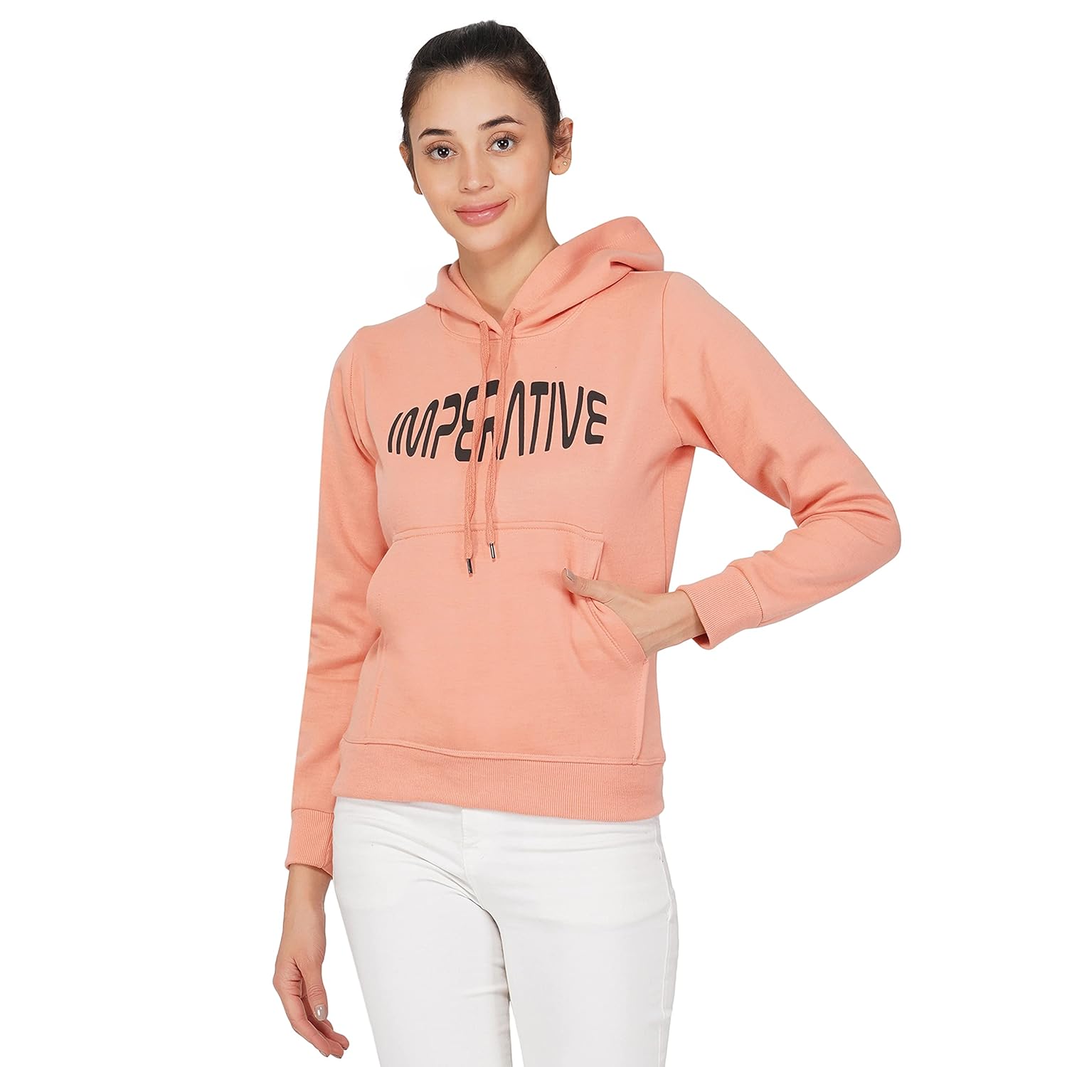 Imperative Women's Cotton Blend Peach Hooded Sweatshirt by Prixsa.com