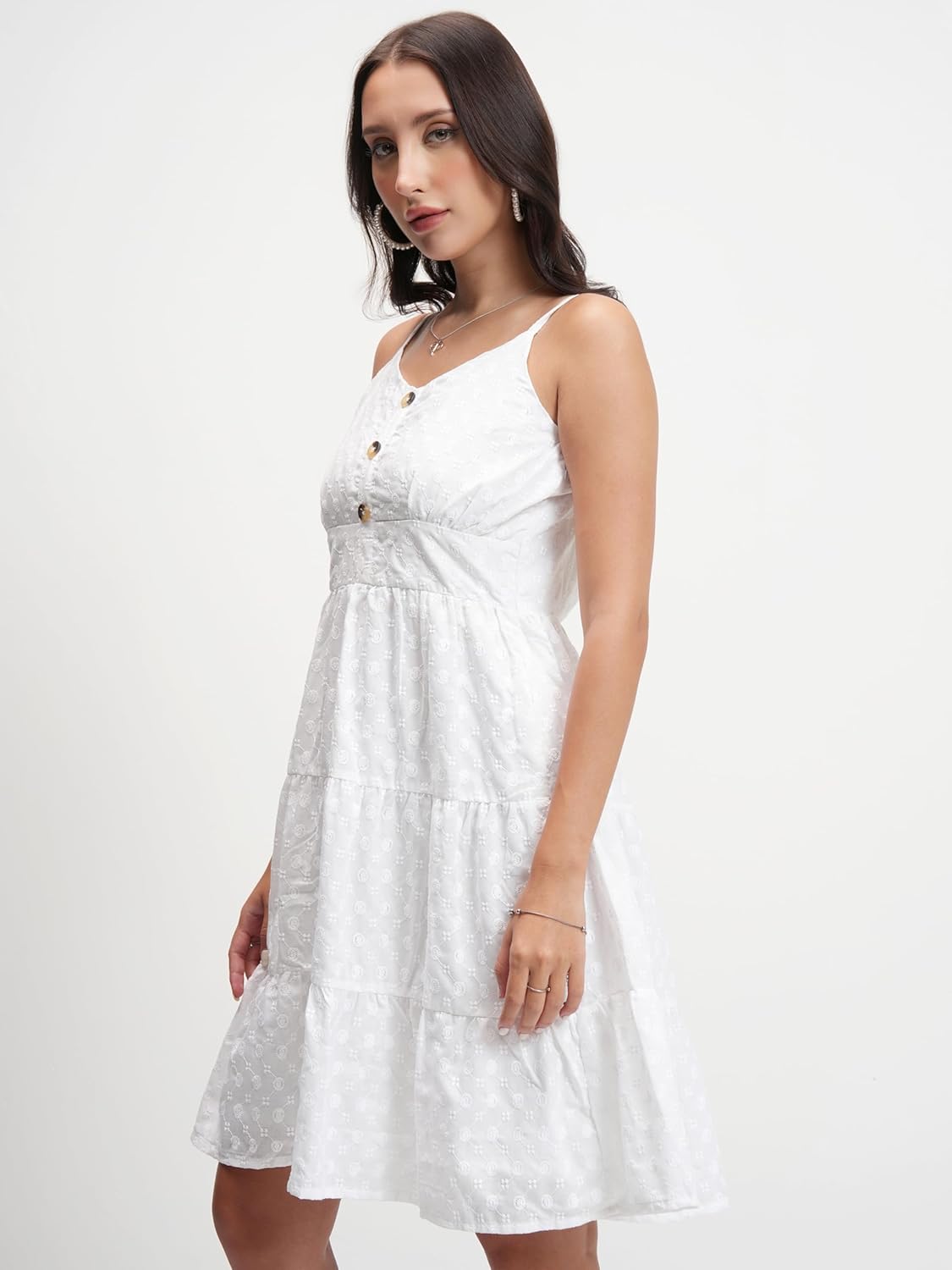 Tokyo Talkies Womens Classic White Solid Flared Short Dress | Shoulder Straps & Front Button Detailing| Stylish by Prixsa.com - Image 7