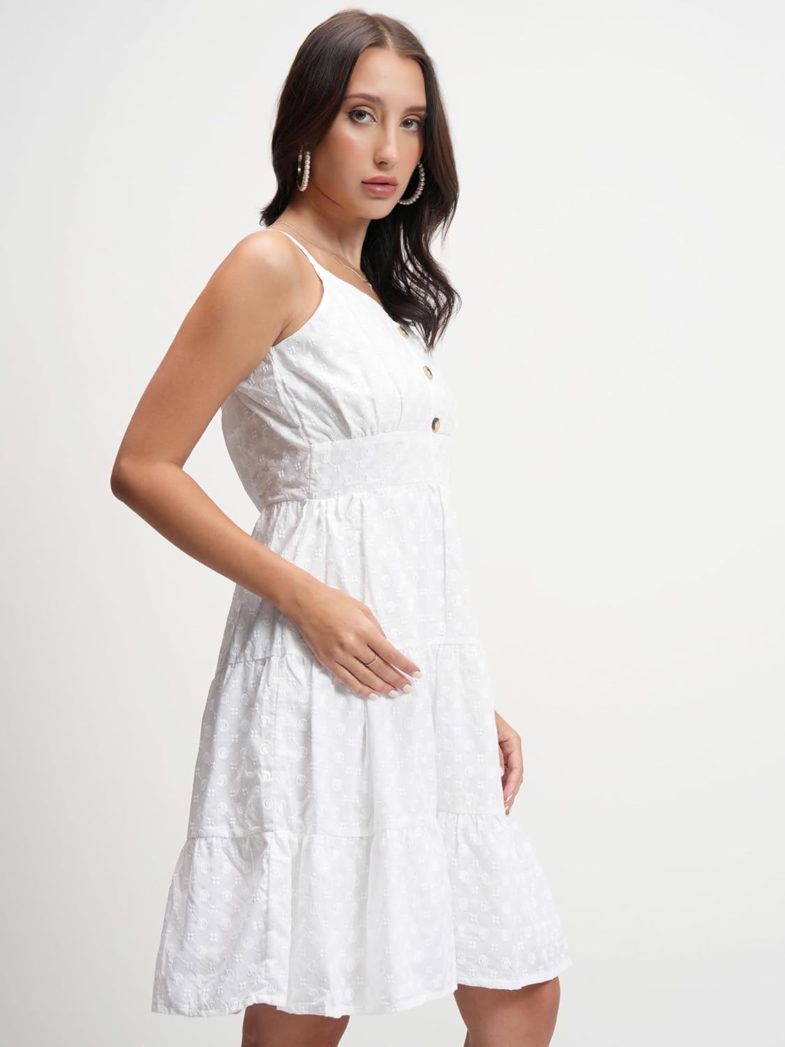 Tokyo Talkies Womens Classic White Solid Flared Short Dress | Shoulder Straps & Front Button Detailing| Stylish by Prixsa.com - Image 4