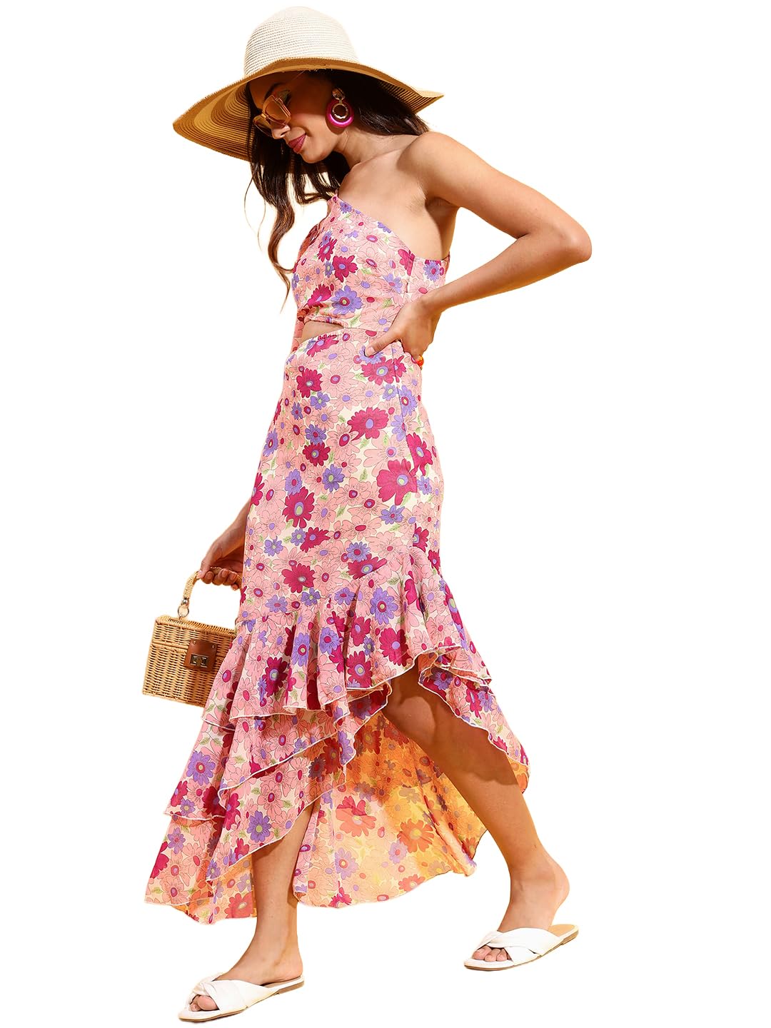 Tokyo Talkies Womens Elegant One-Shoulder Floral Maxi Dress | Long Sleeve, Front Cut-Out & Ruffle Hem for A Graceful Look| Stylish by Prixsa.com