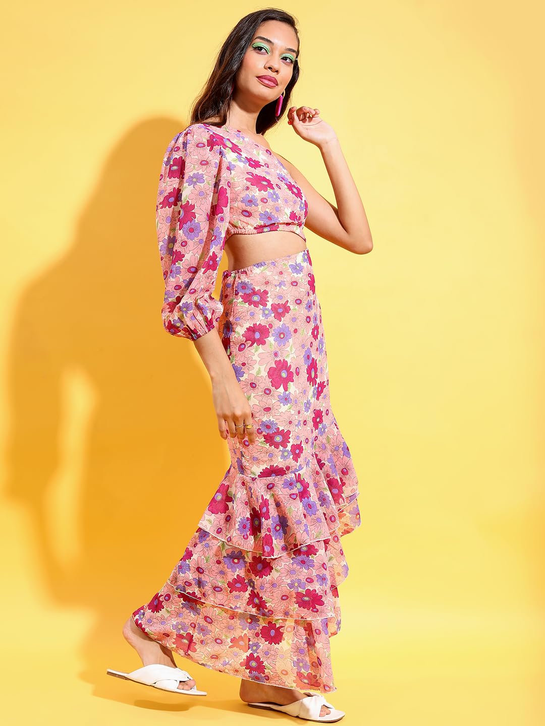 Tokyo Talkies Womens Elegant One-Shoulder Floral Maxi Dress | Long Sleeve, Front Cut-Out & Ruffle Hem for A Graceful Look| Stylish by Prixsa.com - Image 5