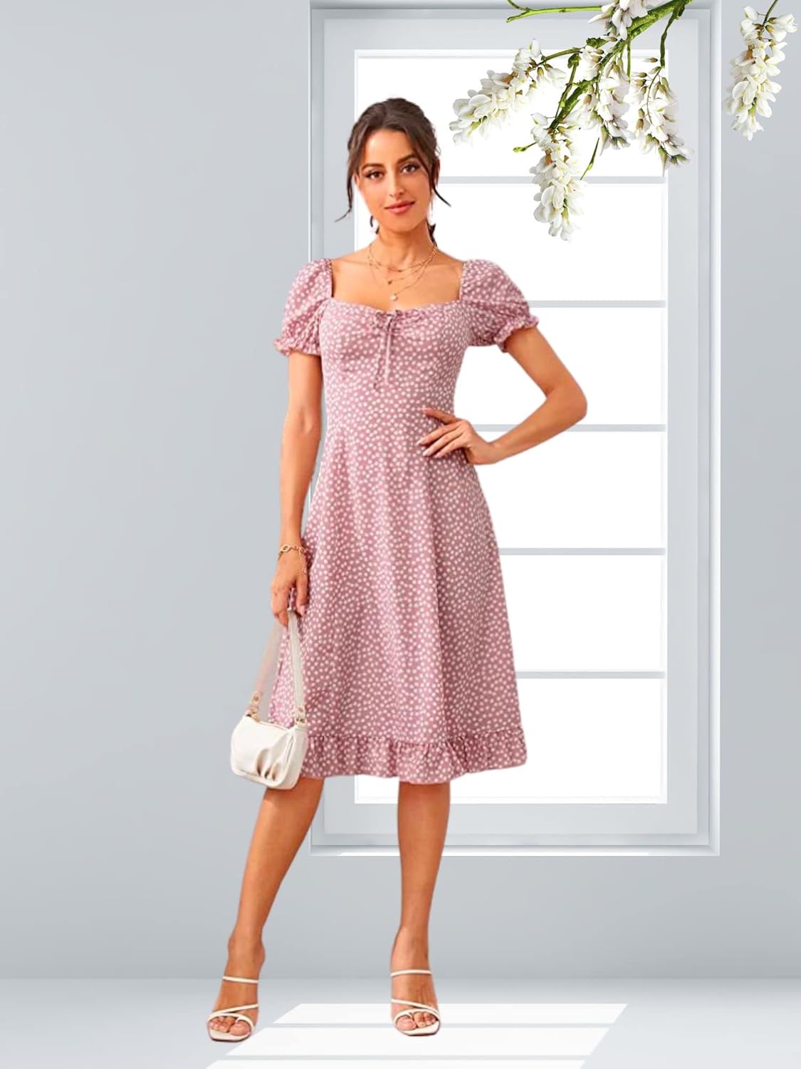 Dream Beauty Fashion Women's Polyester Printed A-line Square Neck Half Sleeve Knee-Long Dress (Dress Momo) by Prixsa.com - Image 2