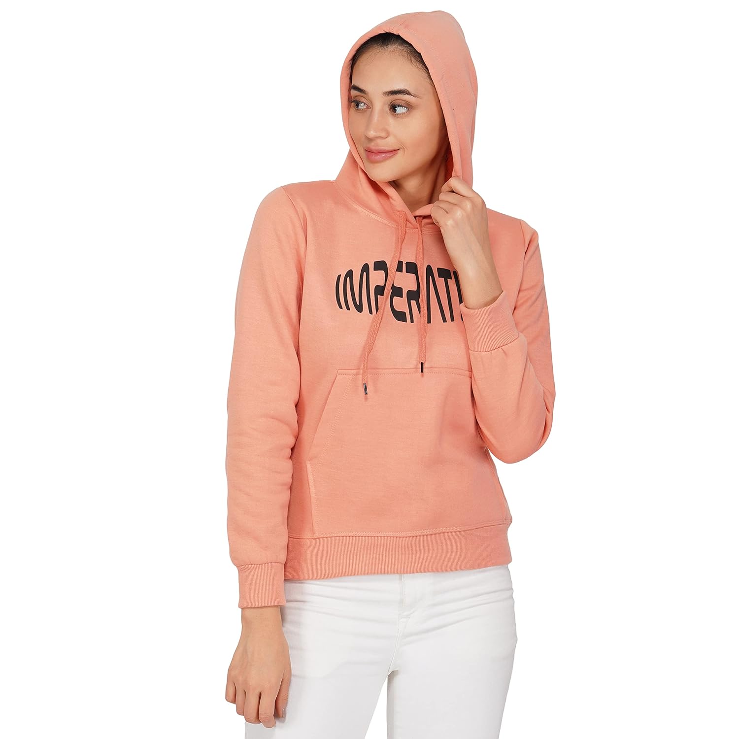Imperative Women's Cotton Blend Peach Hooded Sweatshirt by Prixsa.com - Image 2