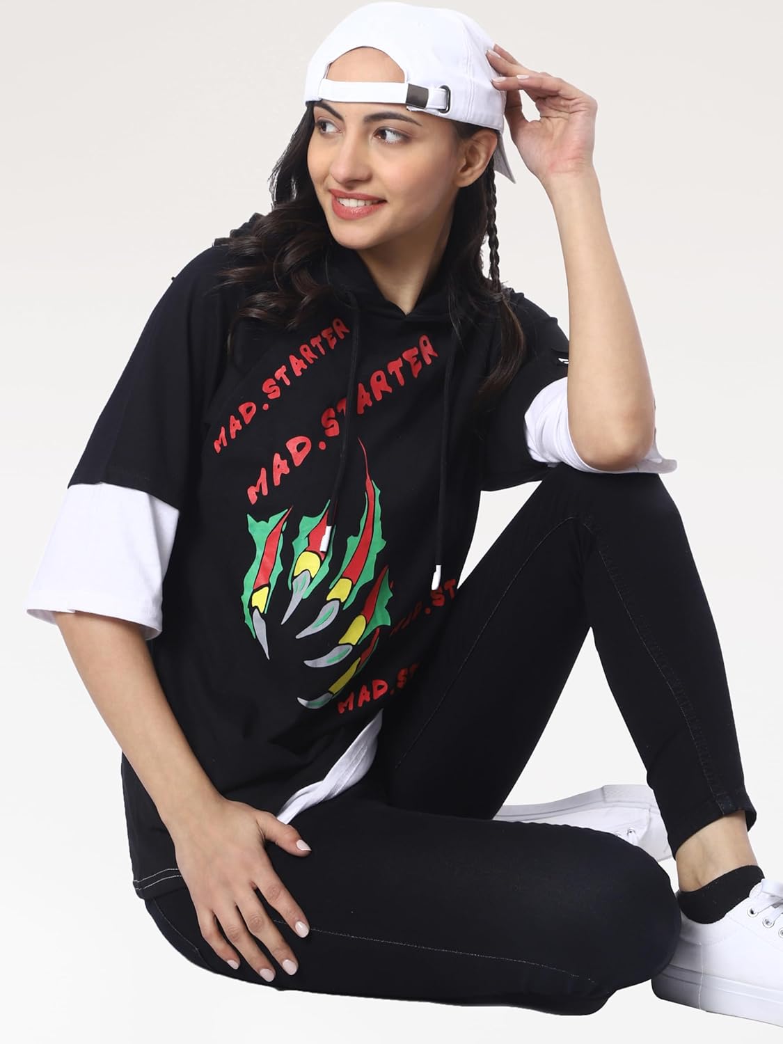 London Hills Cotton Blend Women Oversized Hoodie | Drop Shoulder Hoodie For Women | Half Sleeve Oversized Tshirt For Women | Printed Oversized T Shirts For Women by Prixsa.com - Image 5