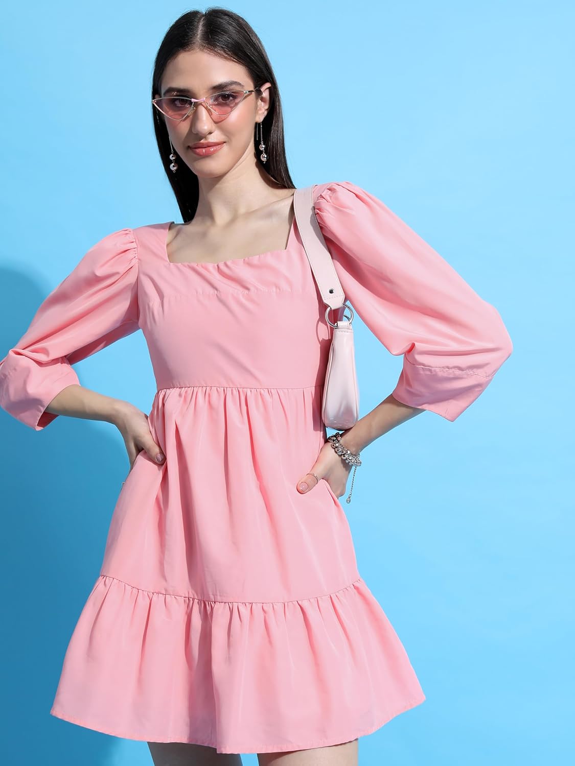 Tokyo Talkies Women's Three-Quarter Sleeves Straight Neck Solid Dresses | Stylish Dresses | Casual Dresses by Prixsa.com - Image 4