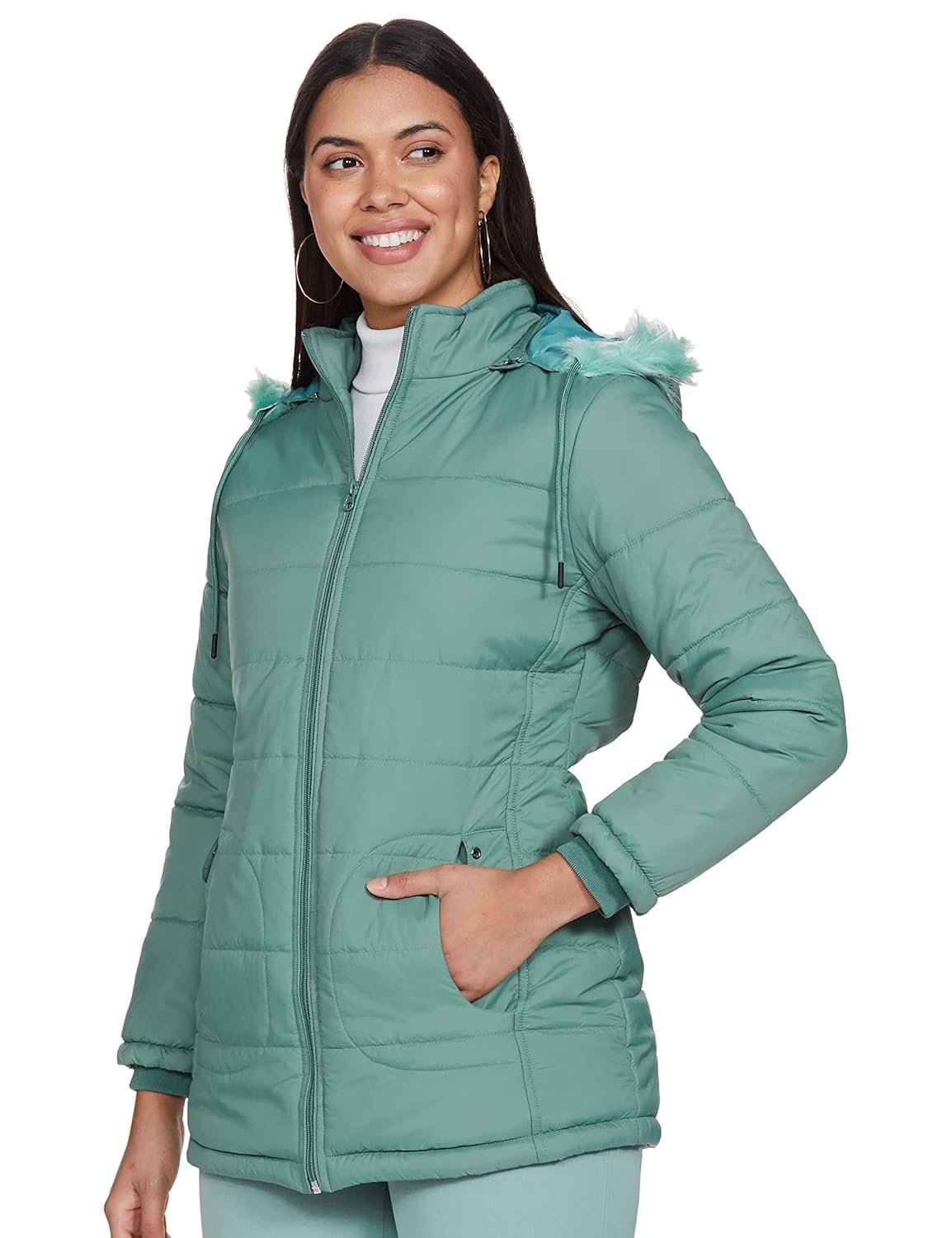 Qube By Fort Collins Women's Long-Length- Nylon Bomber Jacket with Detachable Hood Stylish Winterwear for All-Day Comfort by Prixsa.com - Image 3