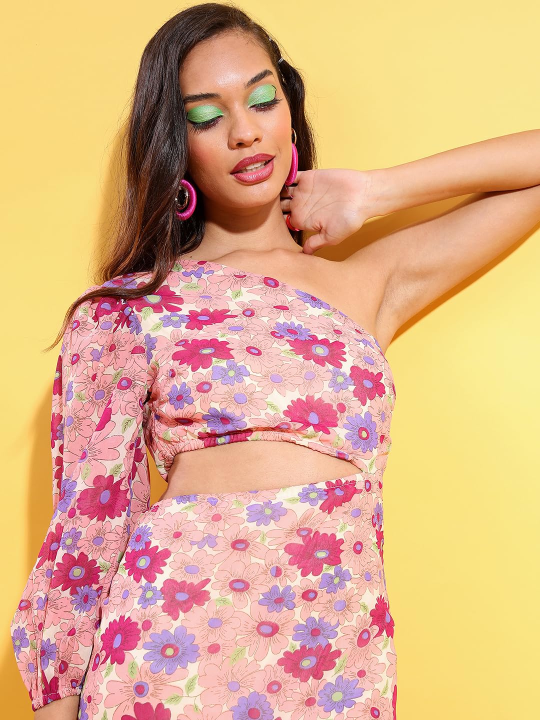 Tokyo Talkies Womens Elegant One-Shoulder Floral Maxi Dress | Long Sleeve, Front Cut-Out & Ruffle Hem for A Graceful Look| Stylish by Prixsa.com - Image 2