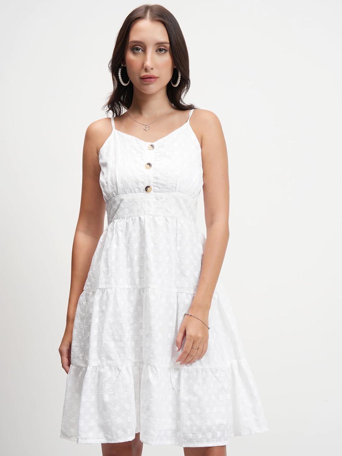 Tokyo Talkies Womens Classic White Solid Flared Short Dress | Shoulder Straps & Front Button Detailing| Stylish by Prixsa.com - Image 5