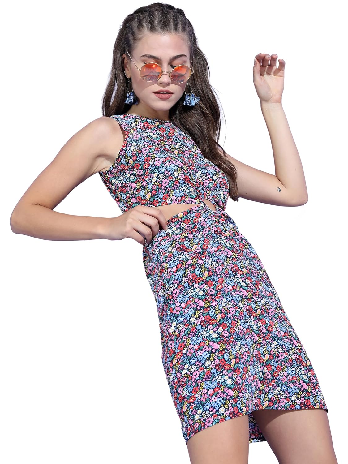 Tokyo Talkies Womens Floral Sleeveless Front Cutout Fitted Short Dress | Bold & Chic | Perfect for Parties, Date Nights & Special Occasions| Stylish by Prixsa.com