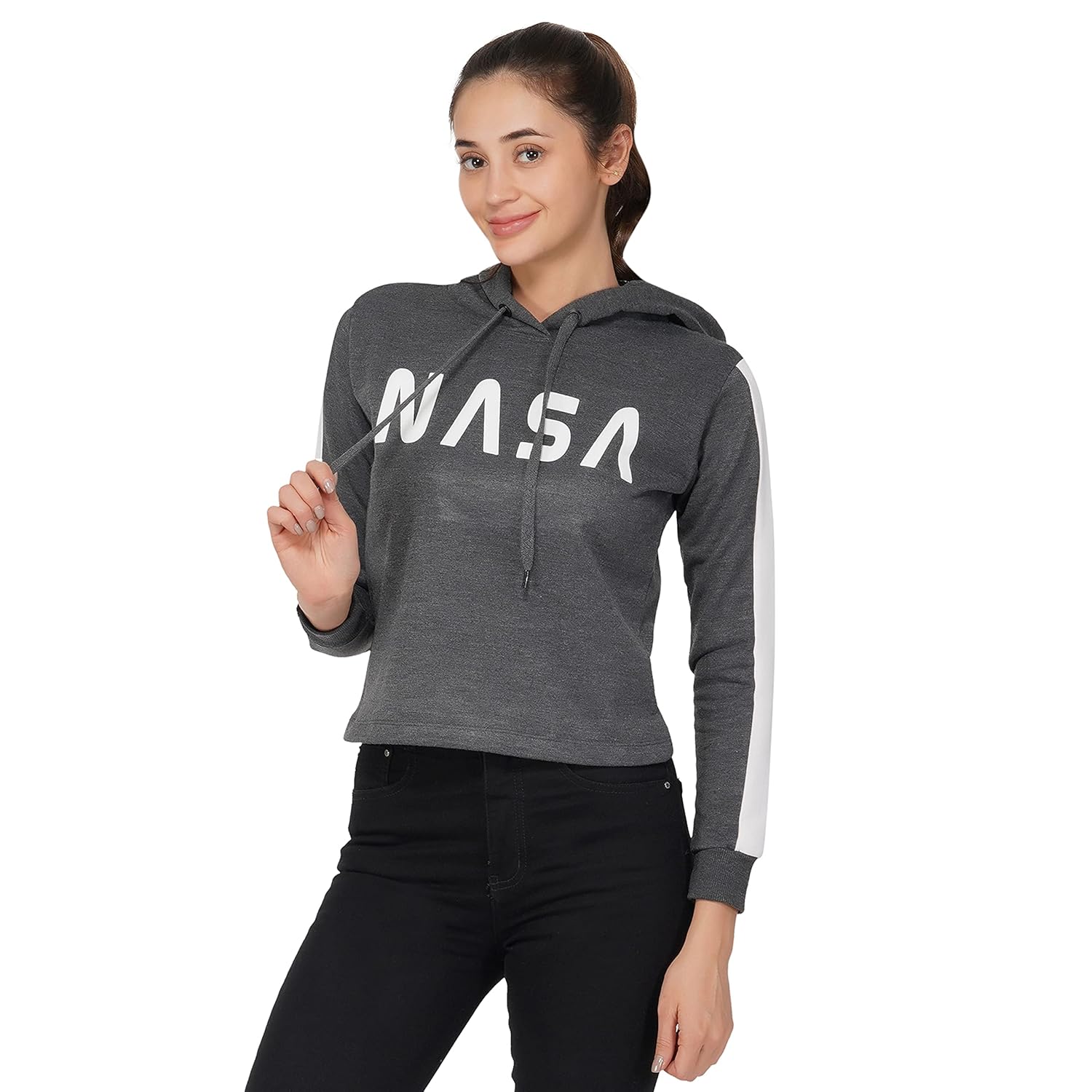 Imperative Women's Cotton Blend Grey Printed Hooded Sweatshirt Size-M by Prixsa.com - Image 2